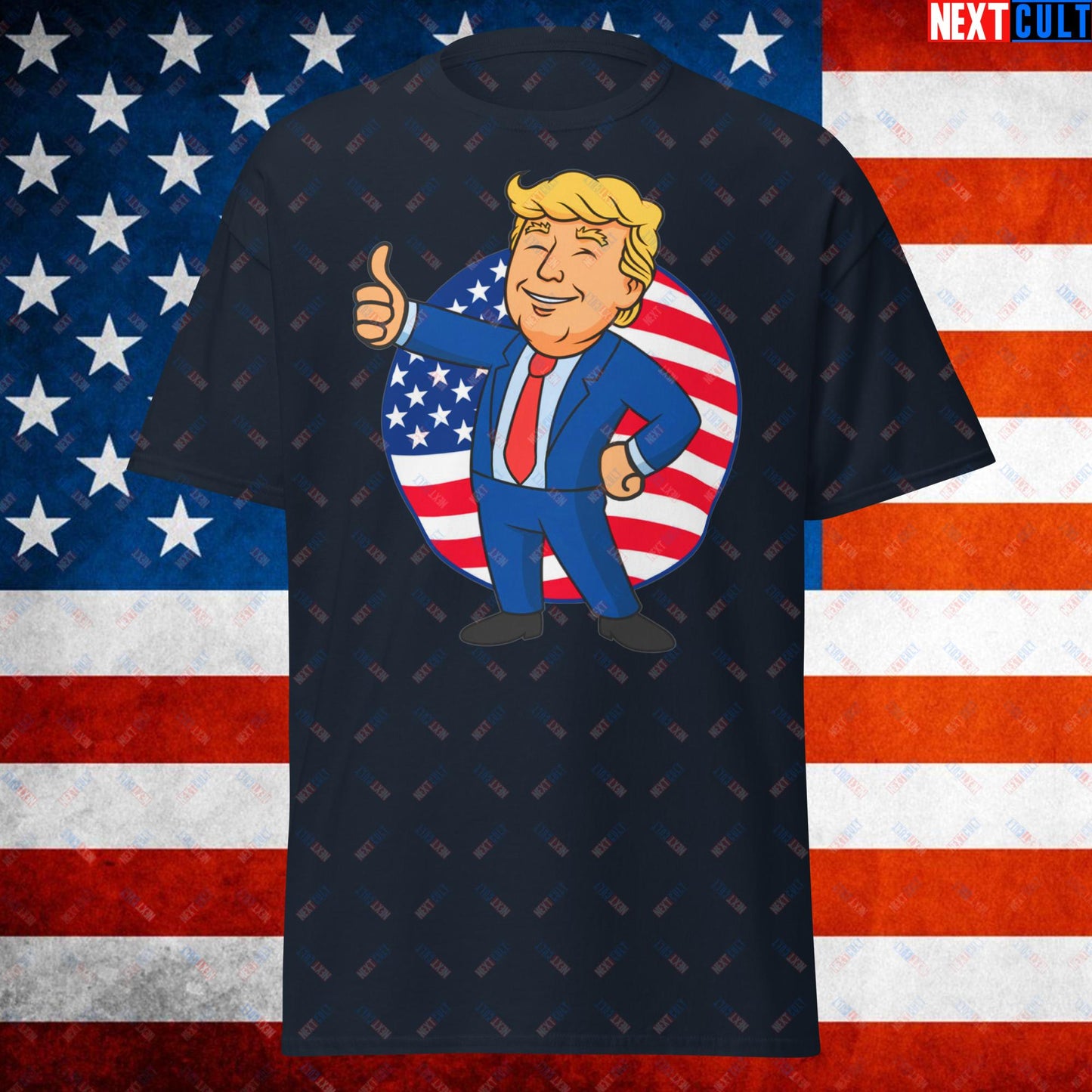 President Boy Donald Trump Politics Vault Boy Fallout Funny Meme Cartoon Mashup Unisex tee Navy T-shirts Donald Trump Fallout Politics Republicans Vault Boy Next Cult Brand