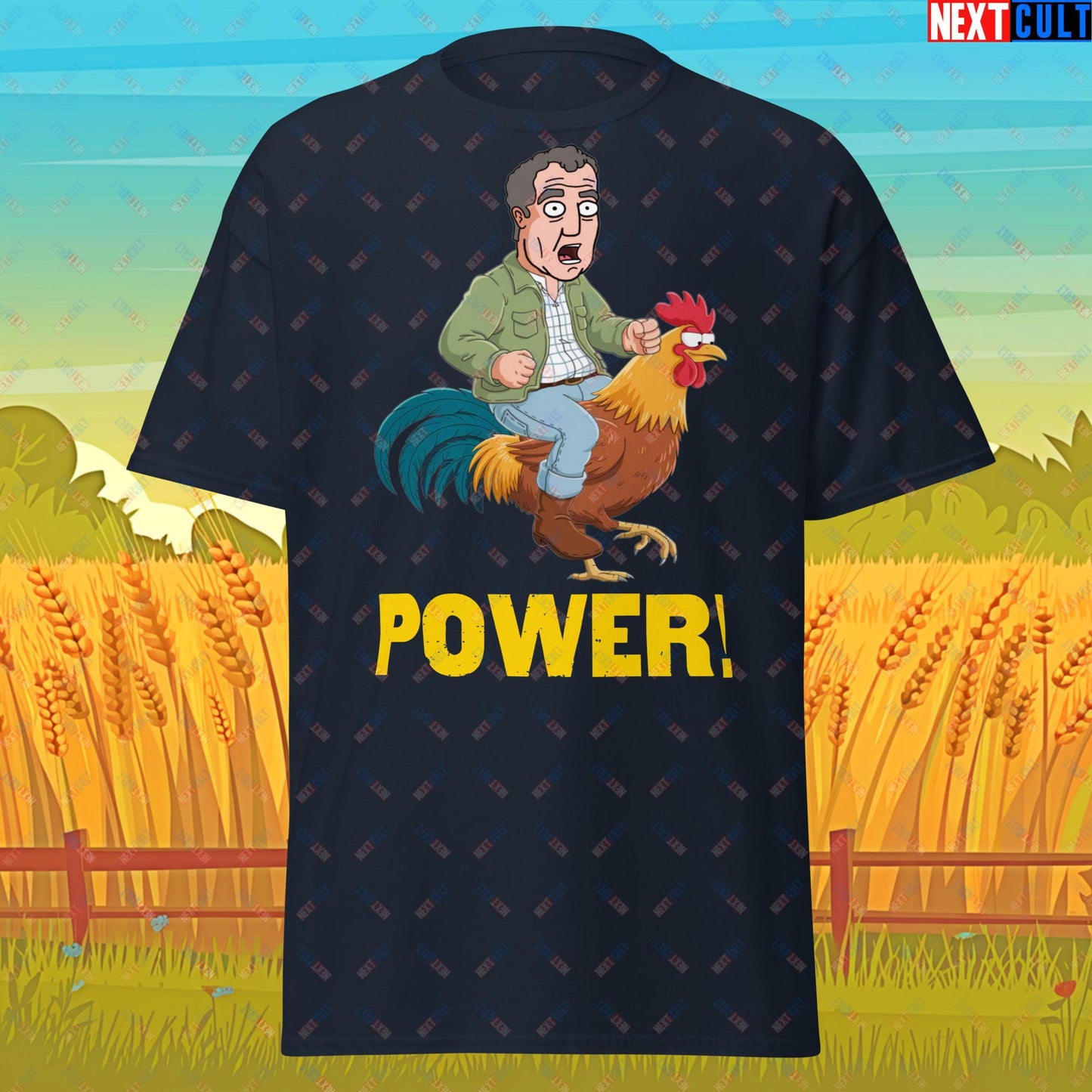 Power Rooster Chicken Farming Jeremy Clarkson's Farm Diddly Squat Grand Tour Top Gear Funny Meme Cartoon Unisex tee Navy T-shirts Clarkson's Farm Grand Tour Jeremy Clarkson Top Gear TV Shows Next Cult Brand