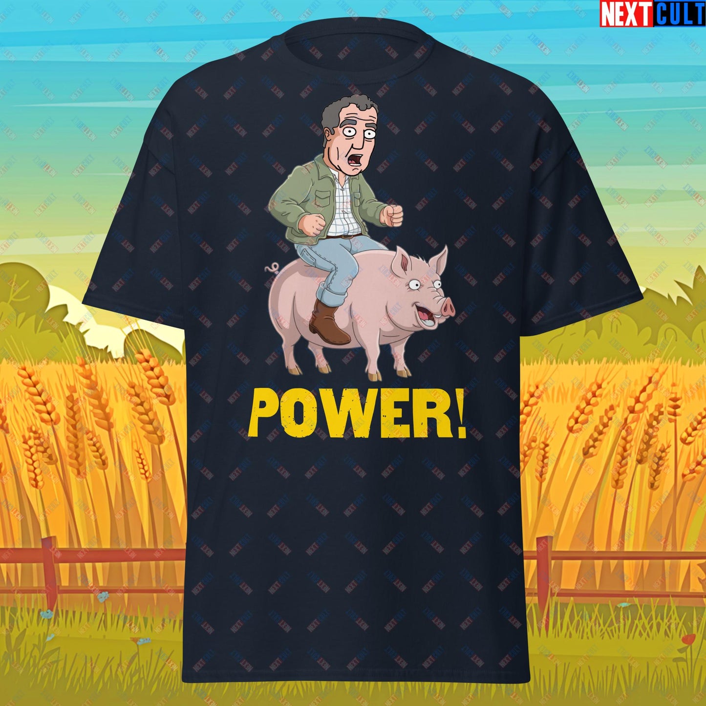 Power Pig Farming Jeremy Clarkson's Farm Diddly Squat Grand Tour Top Gear Funny Meme Cartoon Unisex tee Navy T-shirts Clarkson's Farm Grand Tour Jeremy Clarkson Top Gear TV Shows Next Cult Brand