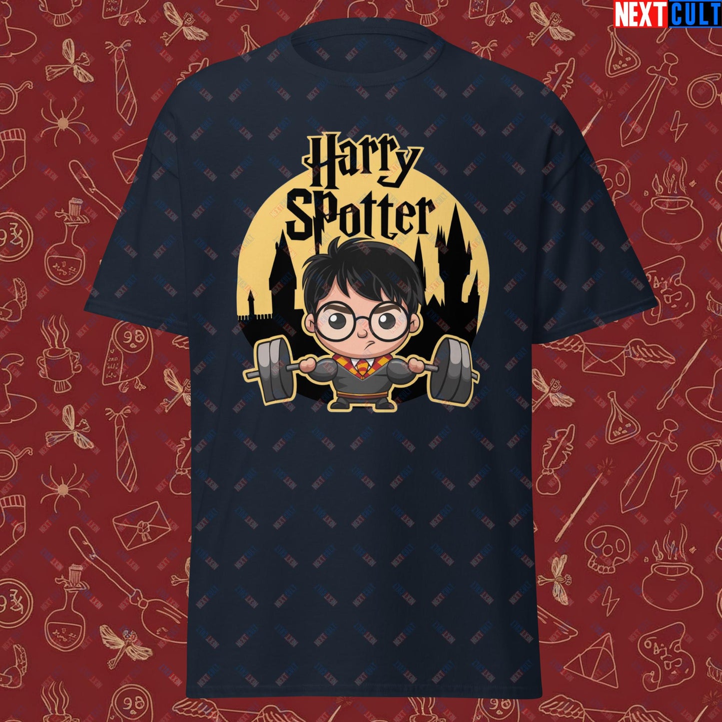 Harry Spotter Funny Gym Meme Weightlifting Bodybuilding Fitness Workout Unisex classic tee Navy T-shirts Bodybuilding Books Fitness Gym Harry Potter Powerlifting Pump Cover TV Workout Next Cult Brand