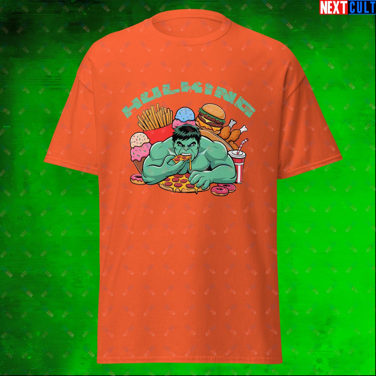 Hulking Bulking Funny Gym Meme Cartoon Unisex tee Orange T-shirts Avengers Bulking Fast Food Films Fitness Gym Hulk Movies Pump Cover Superheroes Workout Next Cult Brand