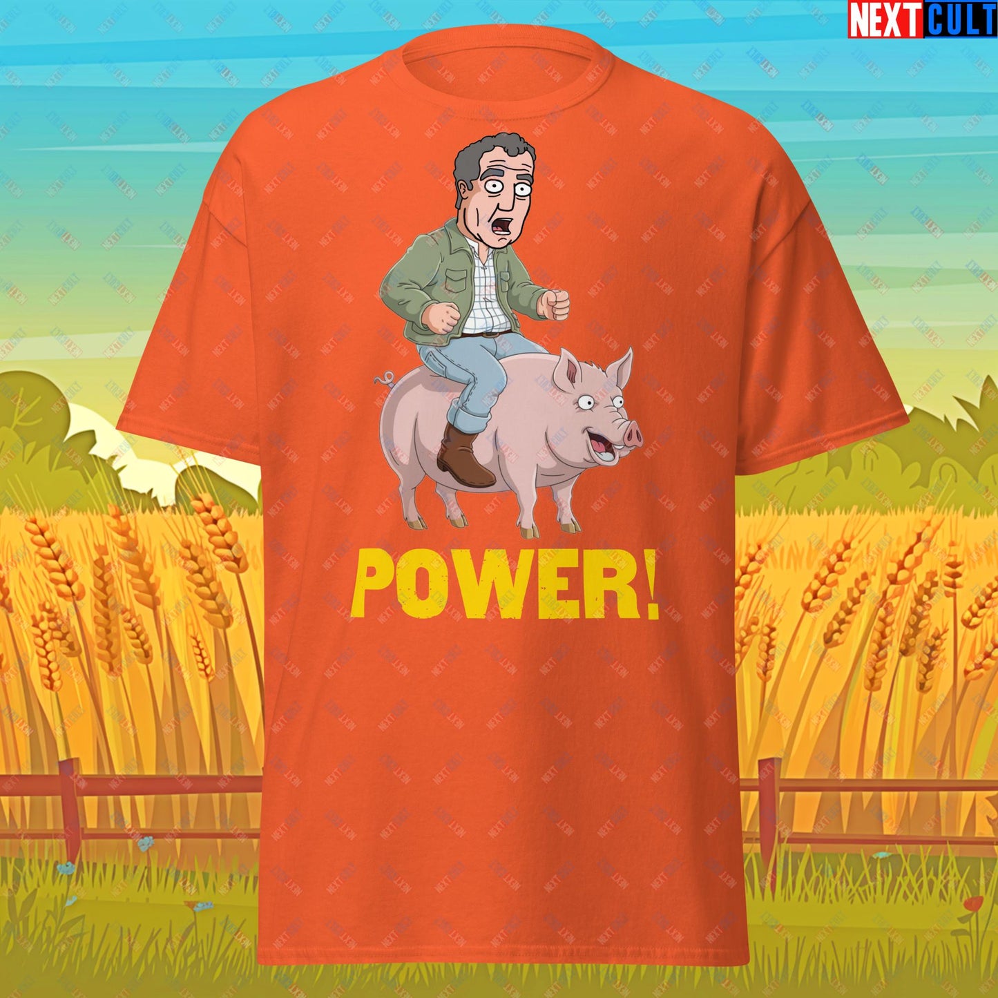 Power Pig Farming Jeremy Clarkson's Farm Diddly Squat Grand Tour Top Gear Funny Meme Cartoon Unisex tee Orange T-shirts Clarkson's Farm Grand Tour Jeremy Clarkson Top Gear TV Shows Next Cult Brand