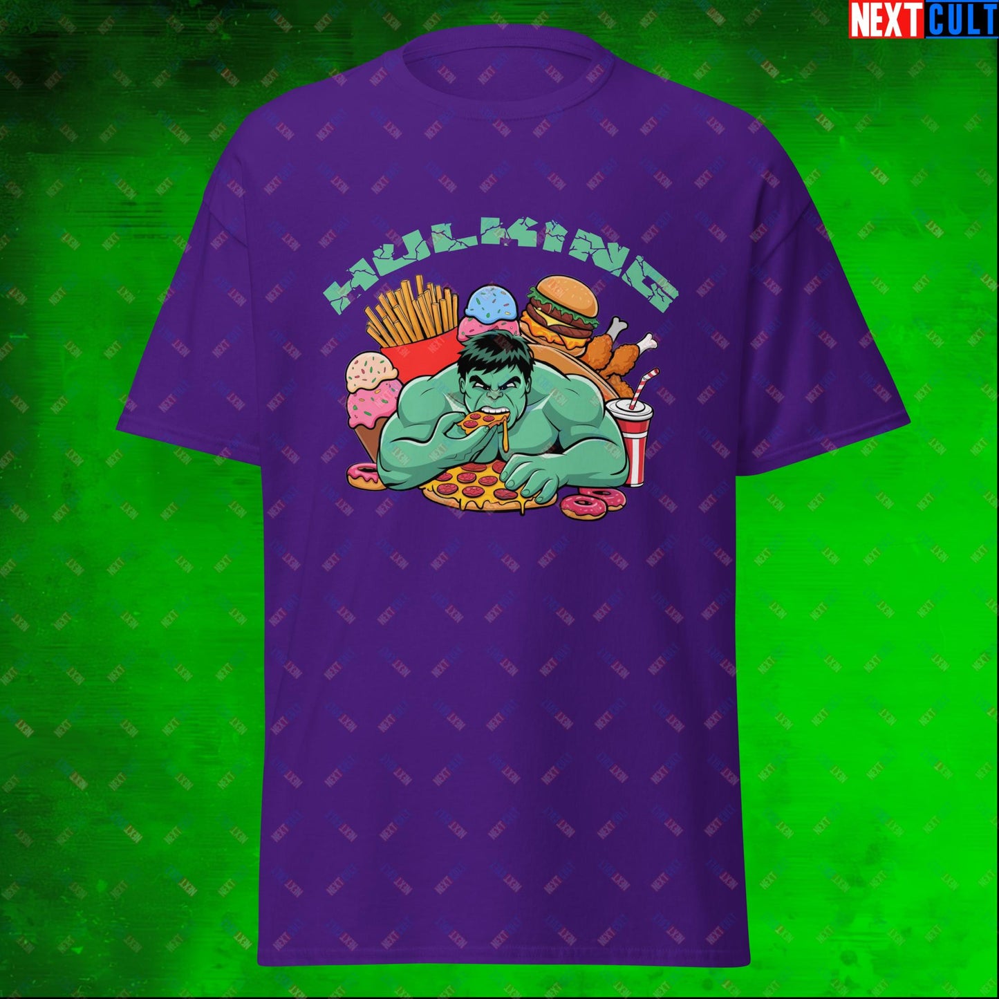 Hulking Bulking Funny Gym Meme Cartoon Unisex tee Purple T-shirts Avengers Bulking Fast Food Films Fitness Gym Hulk Movies Pump Cover Superheroes Workout Next Cult Brand