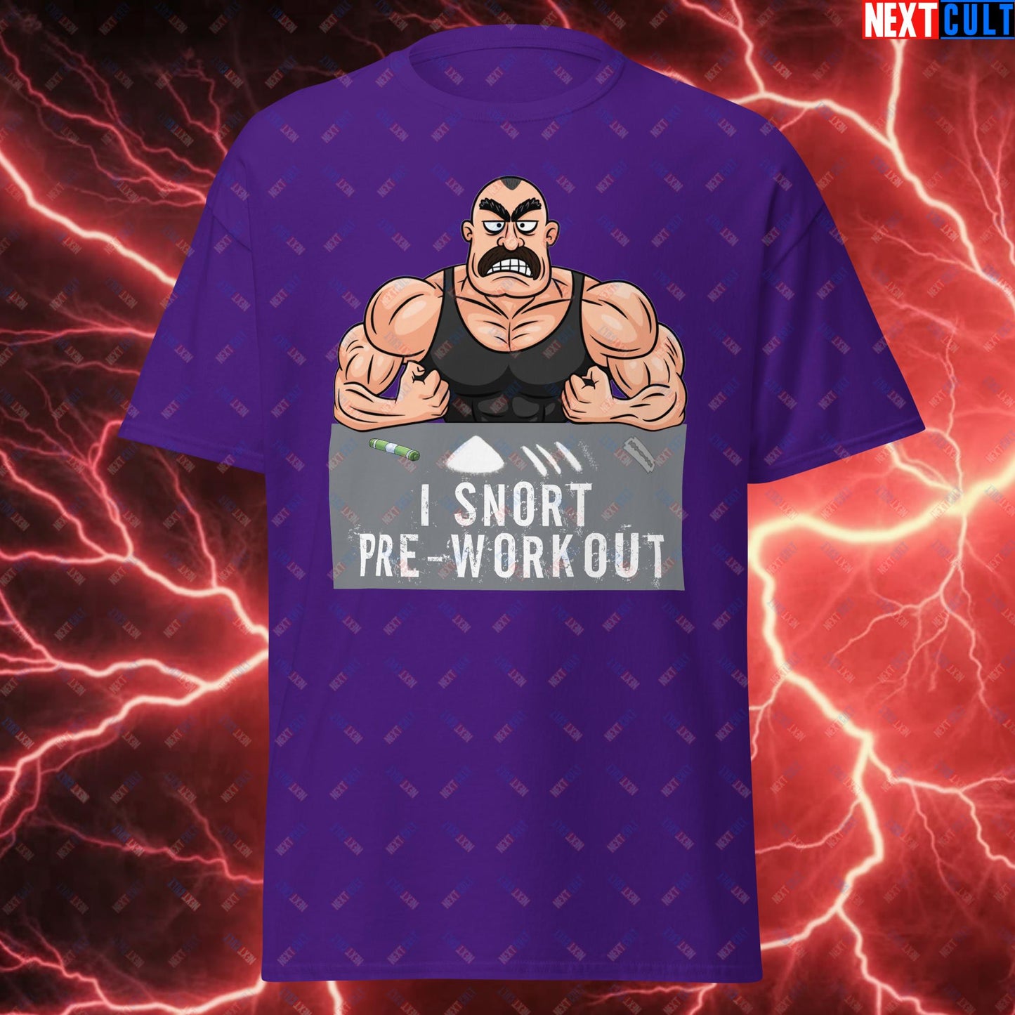 I Snort Pre-workout Gym Bro Fitness Bodybuilding Workout Weightlifting Powerlifting Funny Meme Cartoon Unisex tee Purple T-shirts Fitness Gym Pump Cover Workout Next Cult Brand