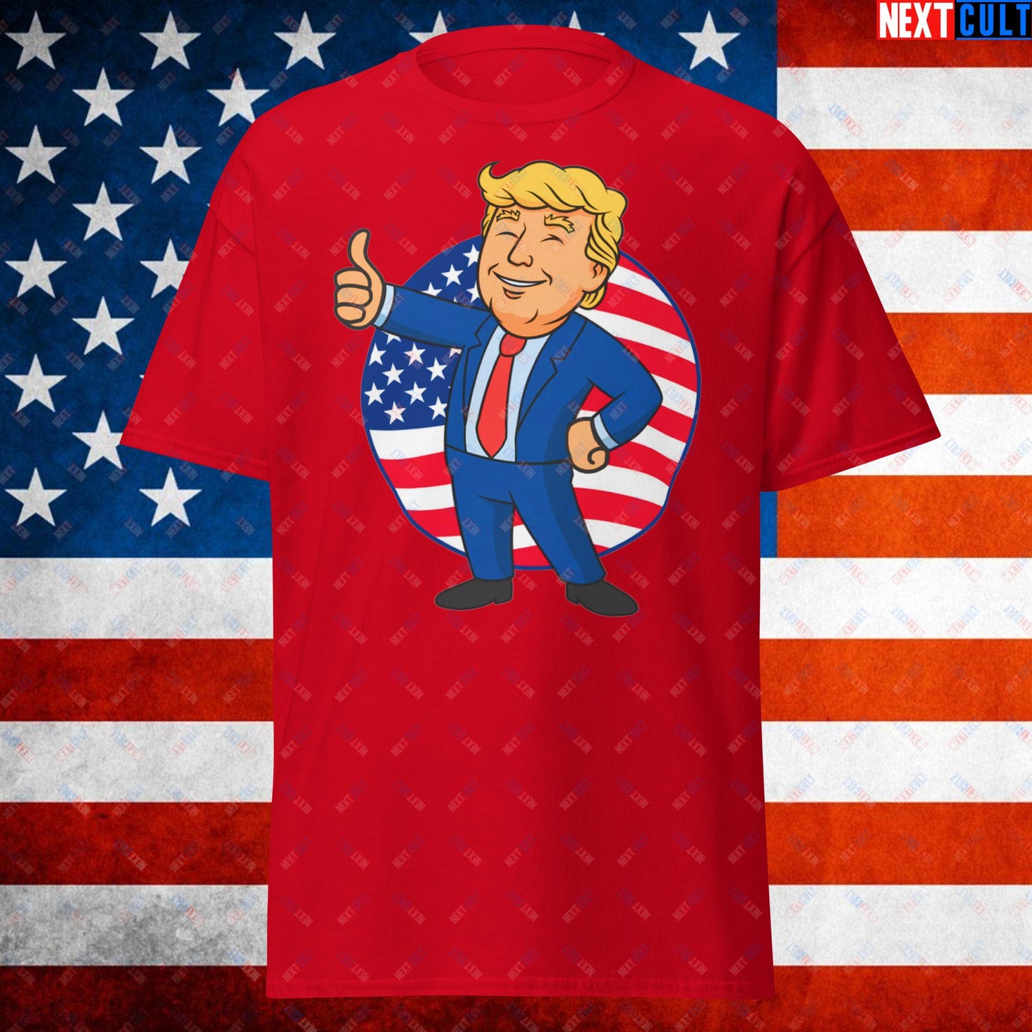 President Boy Donald Trump Politics Vault Boy Fallout Funny Meme Cartoon Mashup Unisex tee Red T-shirts Donald Trump Fallout Politics Republicans Vault Boy Next Cult Brand