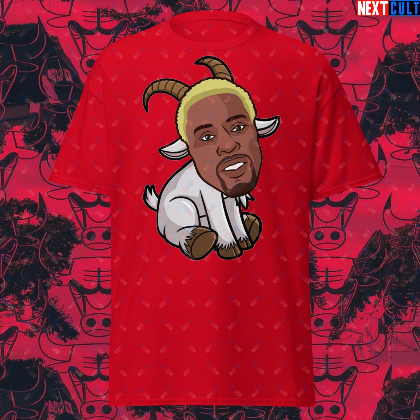 Dennis Rodman G.O.A.T. T-Shirt - Chicago Bulls Basketball Meme Casual Top - Greatest of All Time Funny Tee for Basketball Fans - Perfect Gift for Rodman Fans Red T-shirts Basketball Chicago Bulls Dennis Rodman Detroit Pistons G.O.A.T. NBA Next Cult Brand
