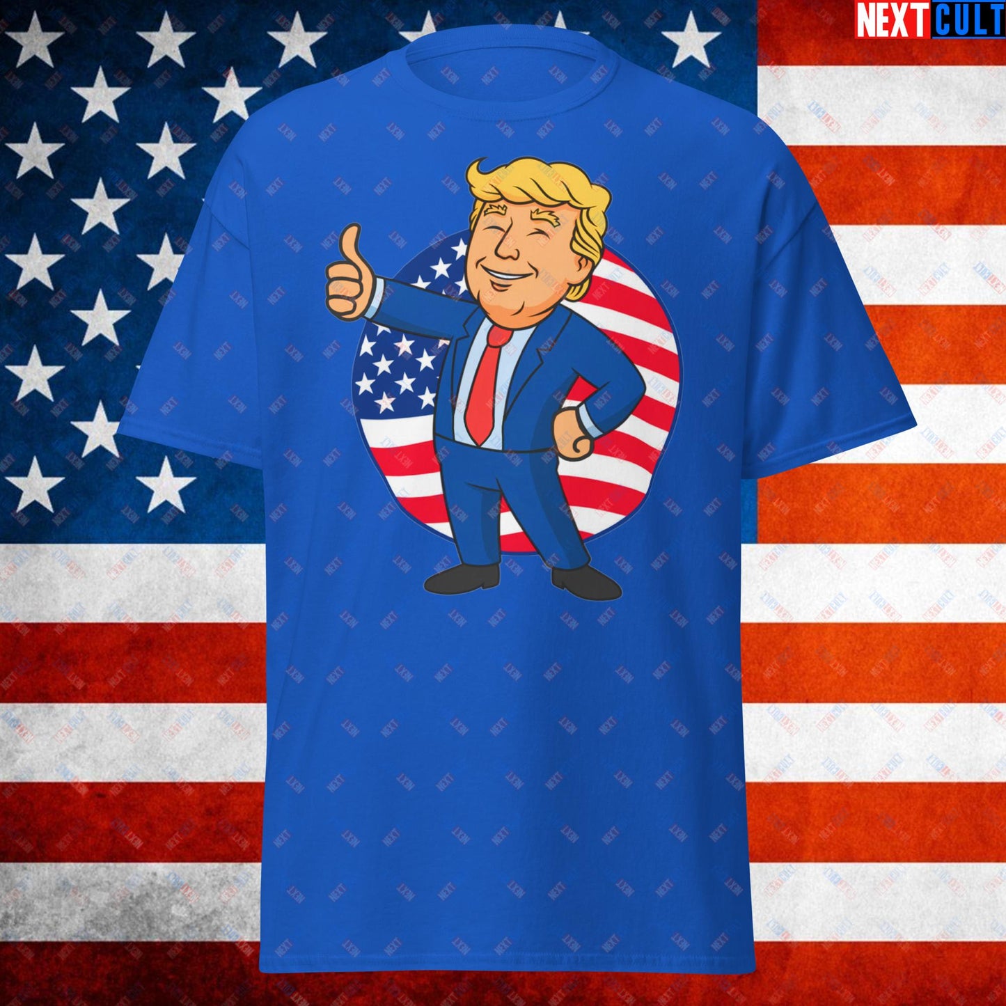 President Boy Donald Trump Politics Vault Boy Fallout Funny Meme Cartoon Mashup Unisex tee Royal T-shirts Donald Trump Fallout Politics Republicans Vault Boy Next Cult Brand