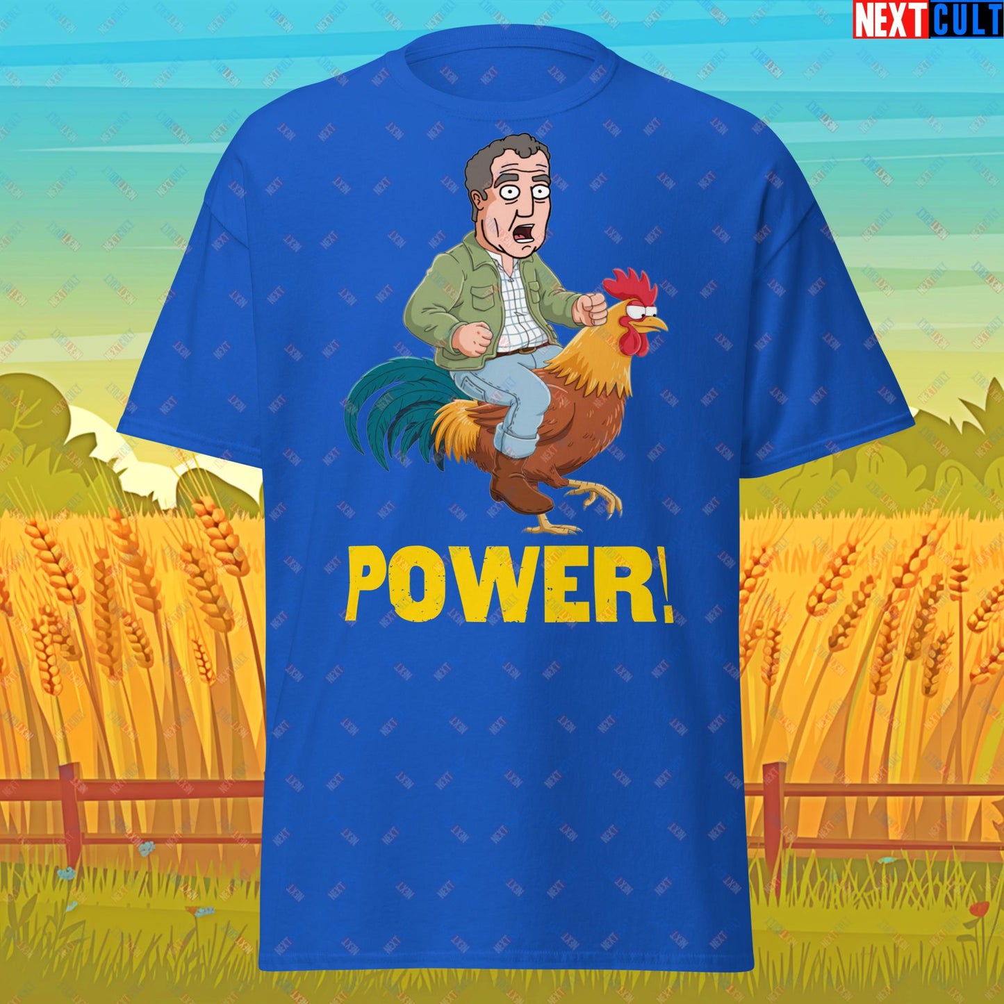 Power Rooster Chicken Farming Jeremy Clarkson's Farm Diddly Squat Grand Tour Top Gear Funny Meme Cartoon Unisex tee Royal T-shirts Clarkson's Farm Grand Tour Jeremy Clarkson Top Gear TV Shows Next Cult Brand