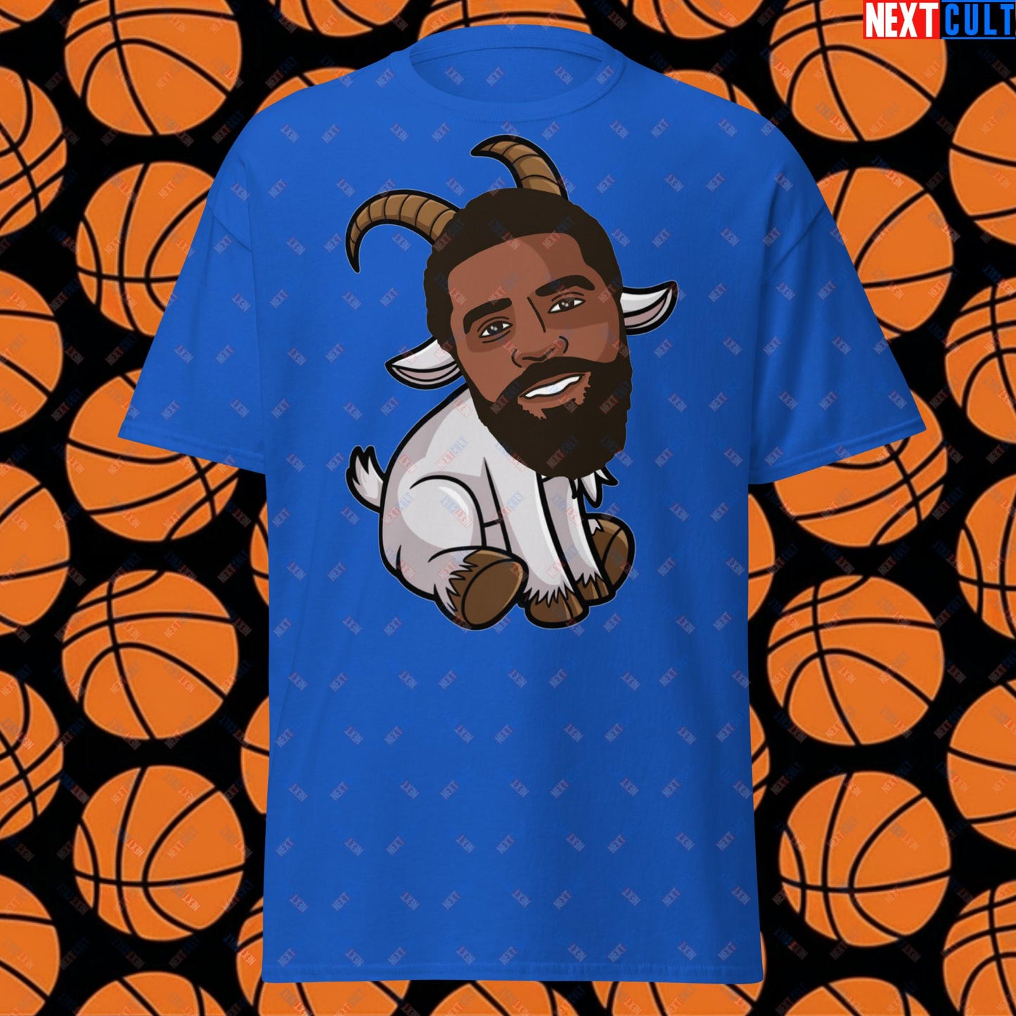 Kyrie Irving G.O.A.T. T-Shirt - Uncle Drew Basketball Meme Casual Top - Dallas Mavericks & Cleveland Cavaliers Fan Gift - Funny Cartoon Tee for Basketball Lovers Royal T-shirts Basketball Cleveland Cavaliers Dallas Mavericks G.O.A.T. Kyrie Irving NBA Next Cult Brand