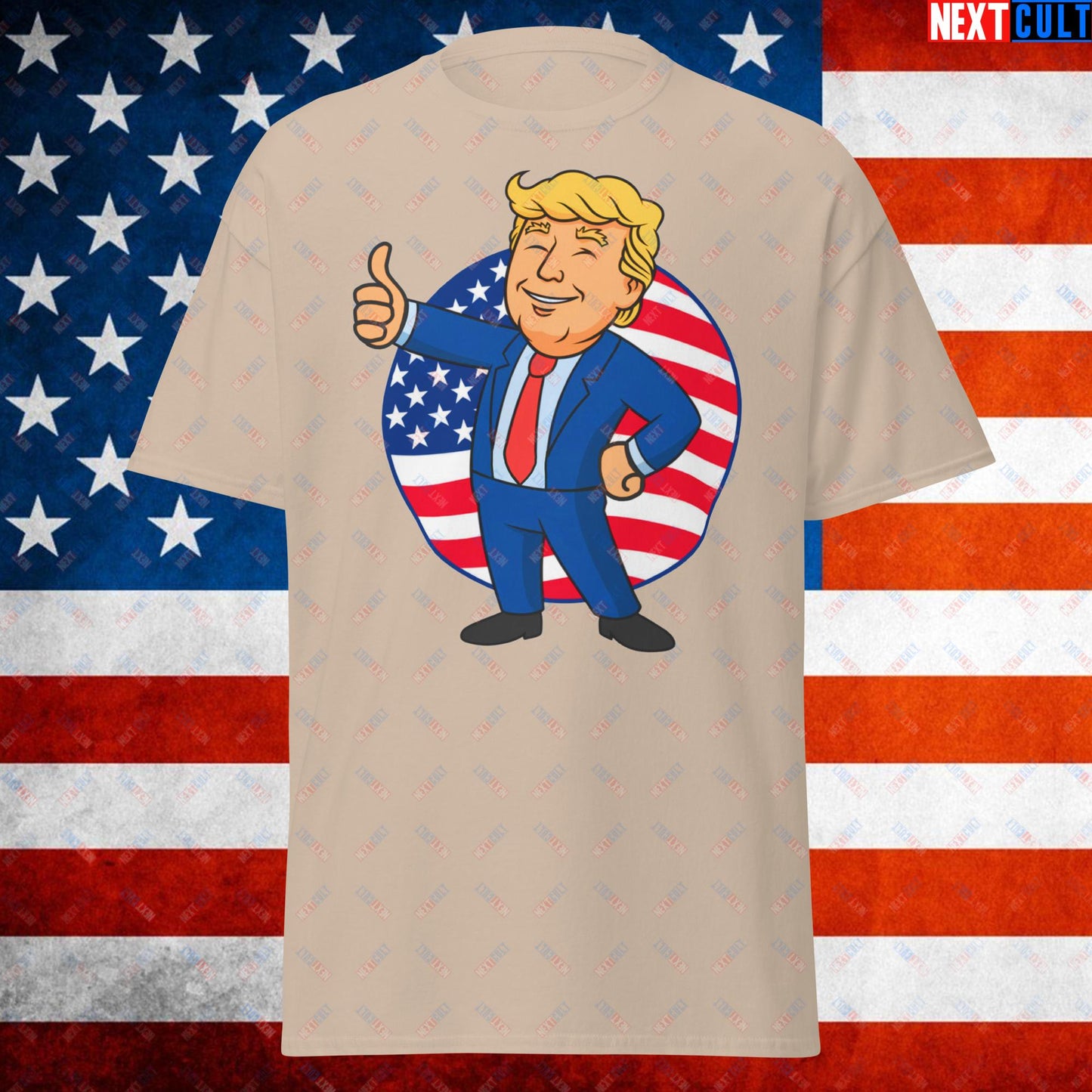 President Boy Donald Trump Politics Vault Boy Fallout Funny Meme Cartoon Mashup Unisex tee Sand T-shirts Donald Trump Fallout Politics Republicans Vault Boy Next Cult Brand