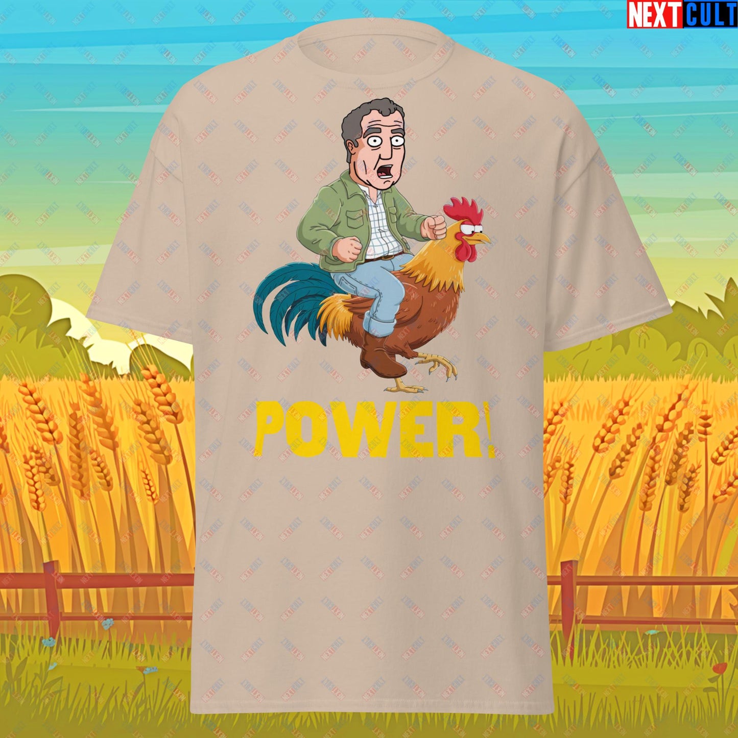 Power Rooster Chicken Farming Jeremy Clarkson's Farm Diddly Squat Grand Tour Top Gear Funny Meme Cartoon Unisex tee Sand T-shirts Clarkson's Farm Grand Tour Jeremy Clarkson Top Gear TV Shows Next Cult Brand