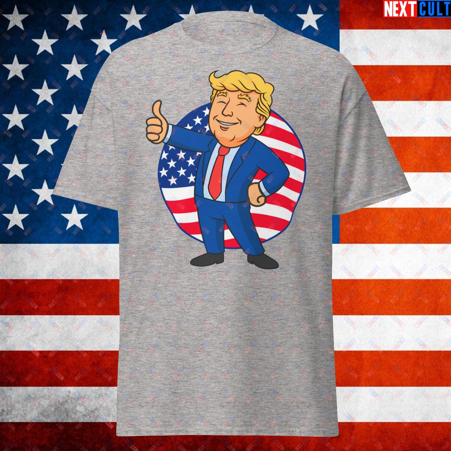 President Boy Donald Trump Politics Vault Boy Fallout Funny Meme Cartoon Mashup Unisex tee Sport Grey T-shirts Donald Trump Fallout Politics Republicans Vault Boy Next Cult Brand