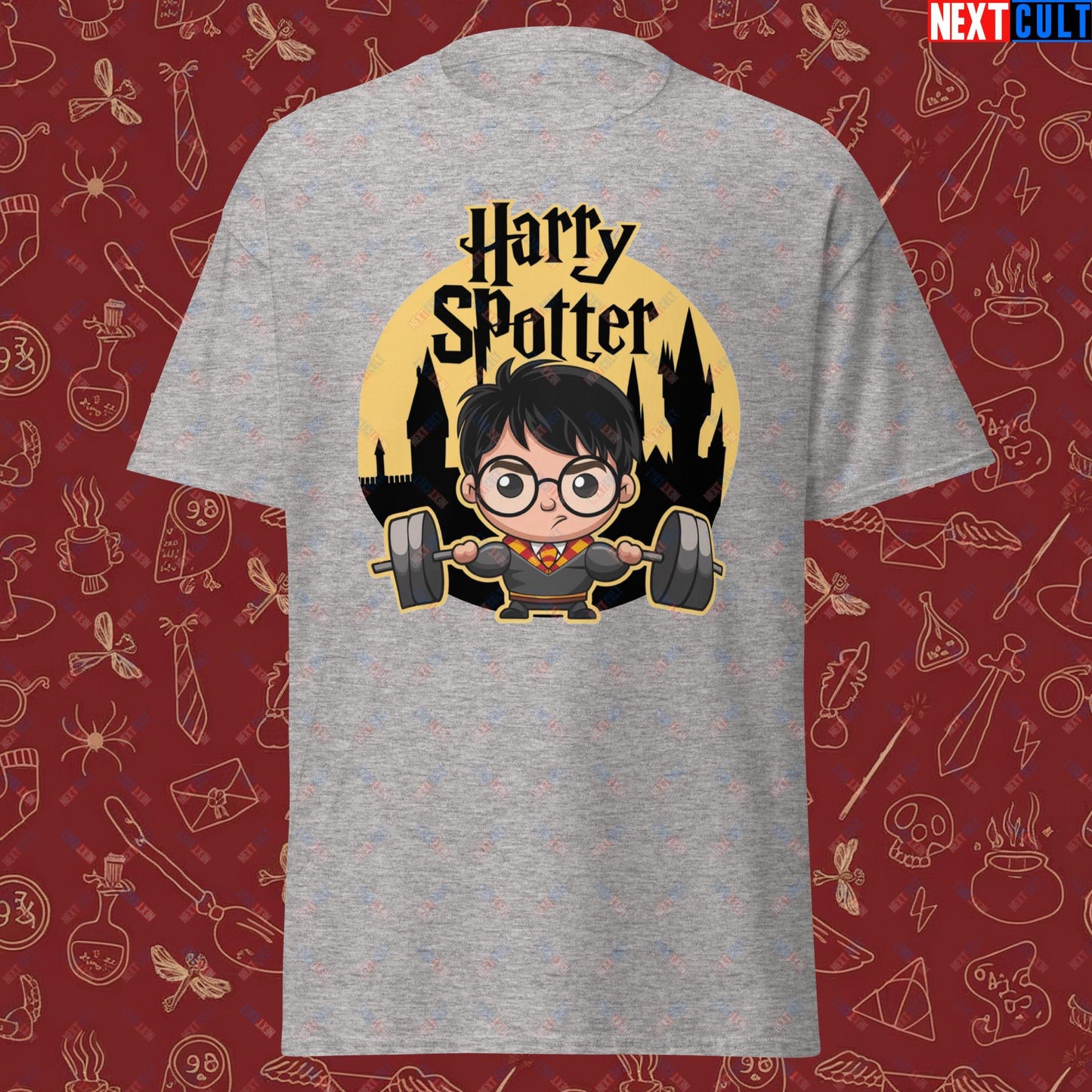 Harry Spotter Funny Gym Meme Weightlifting Bodybuilding Fitness Workout Unisex classic tee Sport Grey T-shirts Bodybuilding Books Fitness Gym Harry Potter Powerlifting Pump Cover TV Workout Next Cult Brand