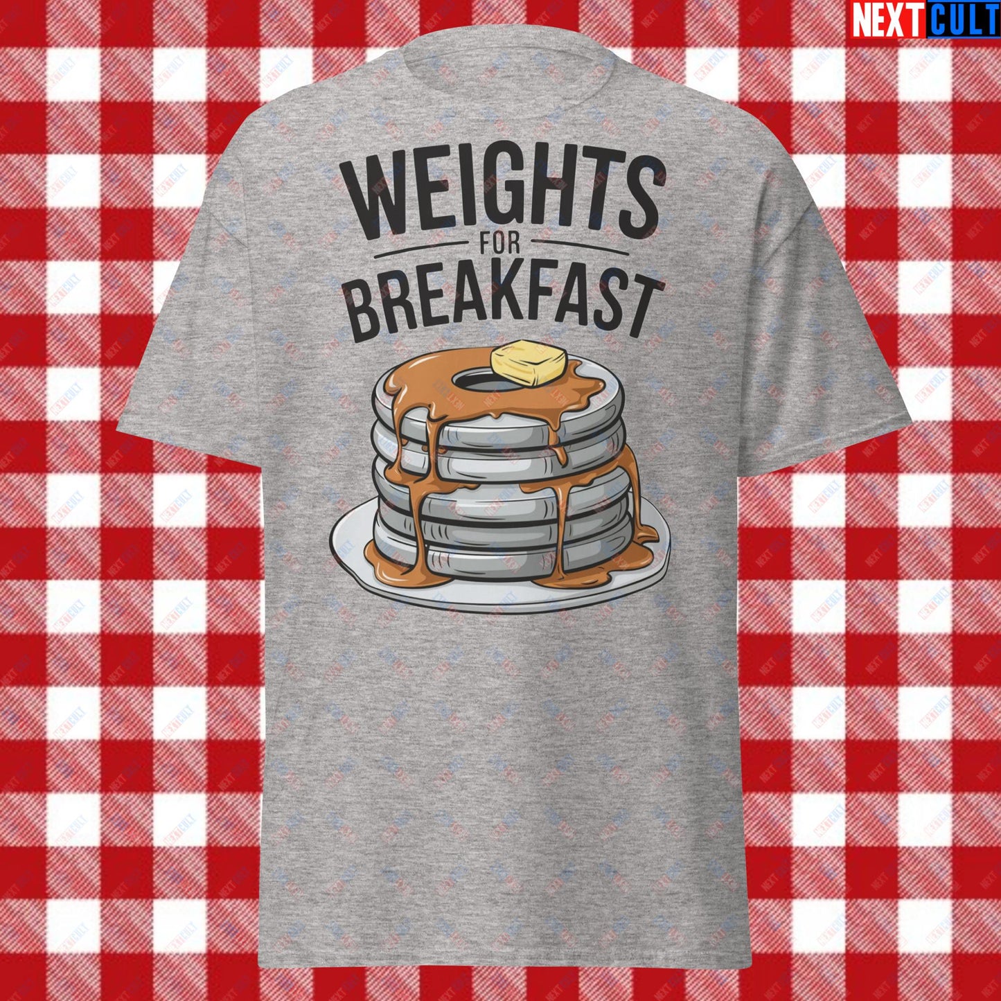 Weights For Breakfast Pancake Weights Funny Gym Workout Fitness Lifting Meme Cartoon Unisex tee Sport Grey T-shirts Bodybuilding Bulking Fast Food Fitness Gym Powerlifting Pump Cover Workout Next Cult Brand
