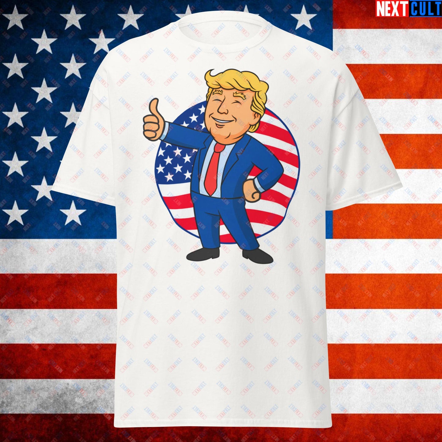 President Boy Donald Trump Politics Vault Boy Fallout Funny Meme Cartoon Mashup Unisex tee White T-shirts Donald Trump Fallout Politics Republicans Vault Boy Next Cult Brand