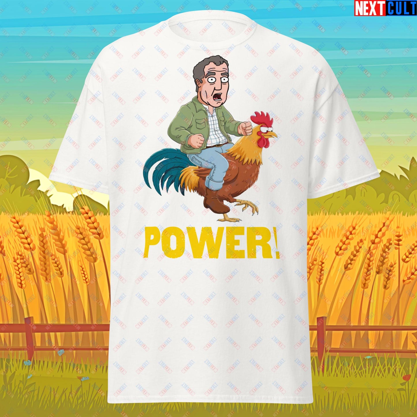 Power Rooster Chicken Farming Jeremy Clarkson's Farm Diddly Squat Grand Tour Top Gear Funny Meme Cartoon Unisex tee White T-shirts Clarkson's Farm Grand Tour Jeremy Clarkson Top Gear TV Shows Next Cult Brand