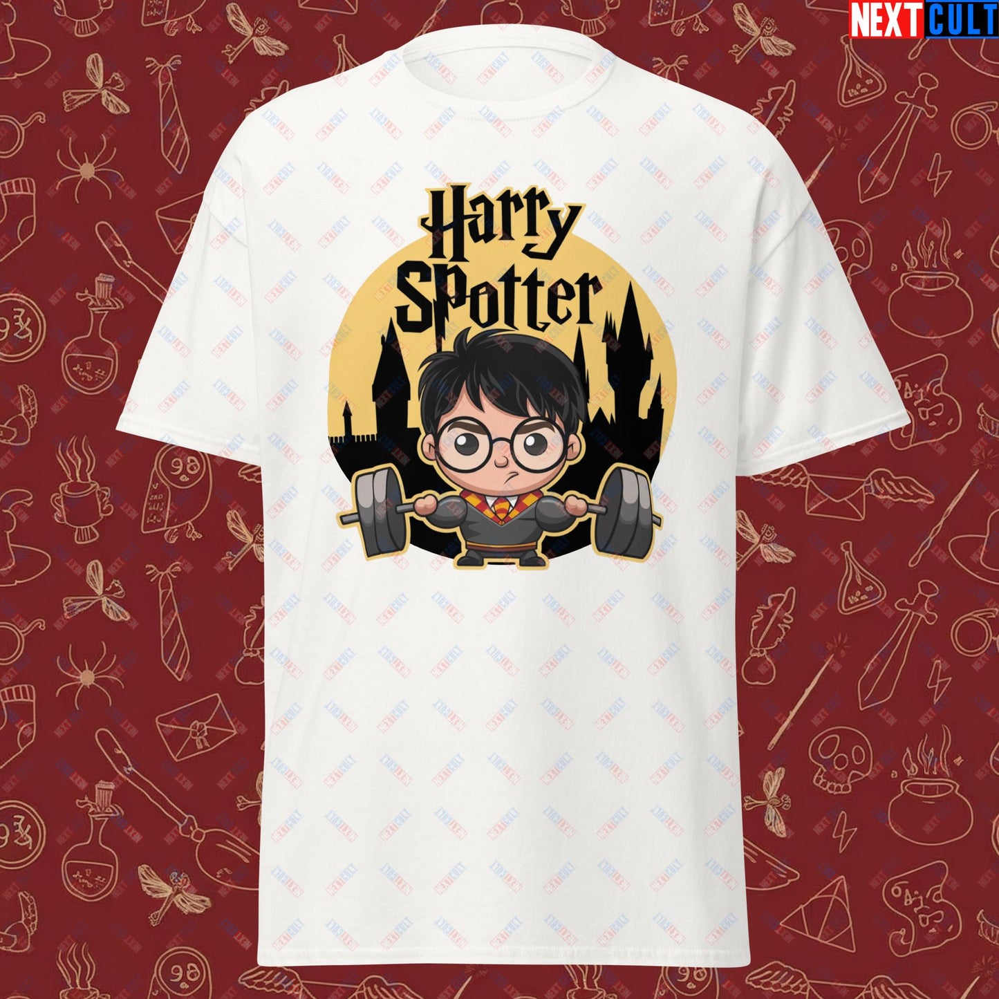 Harry Spotter Funny Gym Meme Weightlifting Bodybuilding Fitness Workout Unisex classic tee White T-shirts Bodybuilding Books Fitness Gym Harry Potter Powerlifting Pump Cover TV Workout Next Cult Brand