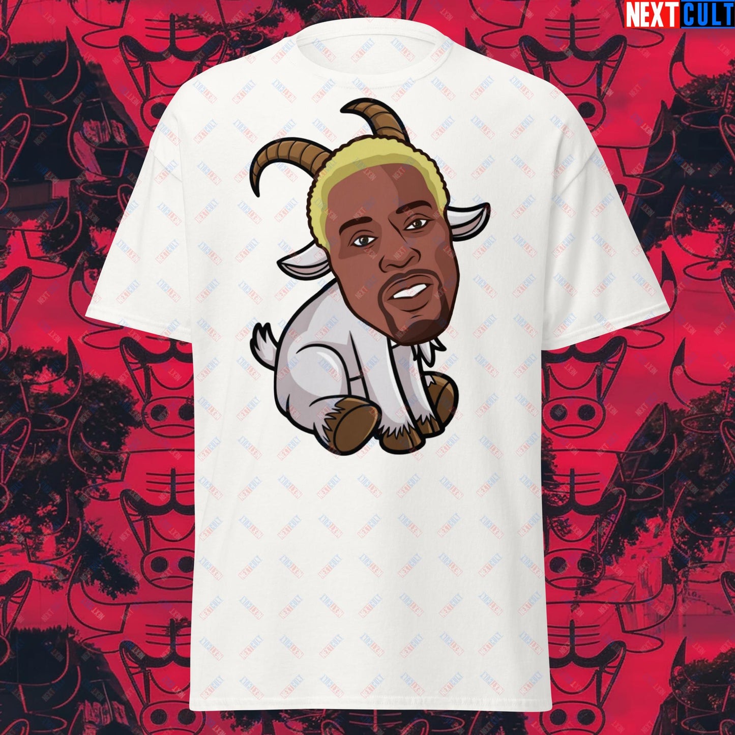 Dennis Rodman G.O.A.T. T-Shirt - Chicago Bulls Basketball Meme Casual Top - Greatest of All Time Funny Tee for Basketball Fans - Perfect Gift for Rodman Fans White T-shirts Basketball Chicago Bulls Dennis Rodman Detroit Pistons G.O.A.T. NBA Next Cult Brand