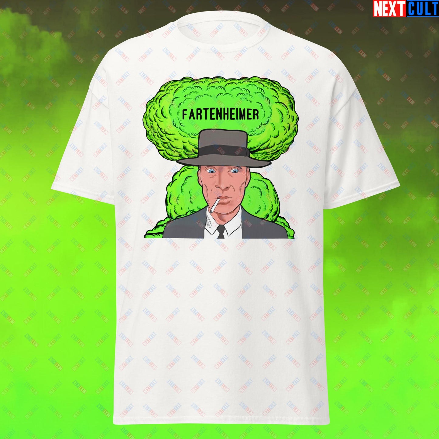 Fartenheimer T-Shirt - Funny Fart Meme Top Inspired by Oppenheimer & Nuclear Explosions - Toilet Humor Tee Featuring Cillian Murphy Parody - Perfect Gift for Meme Lovers White T-shirts Cillian Murphy Movies Oppenheimer Next Cult Brand