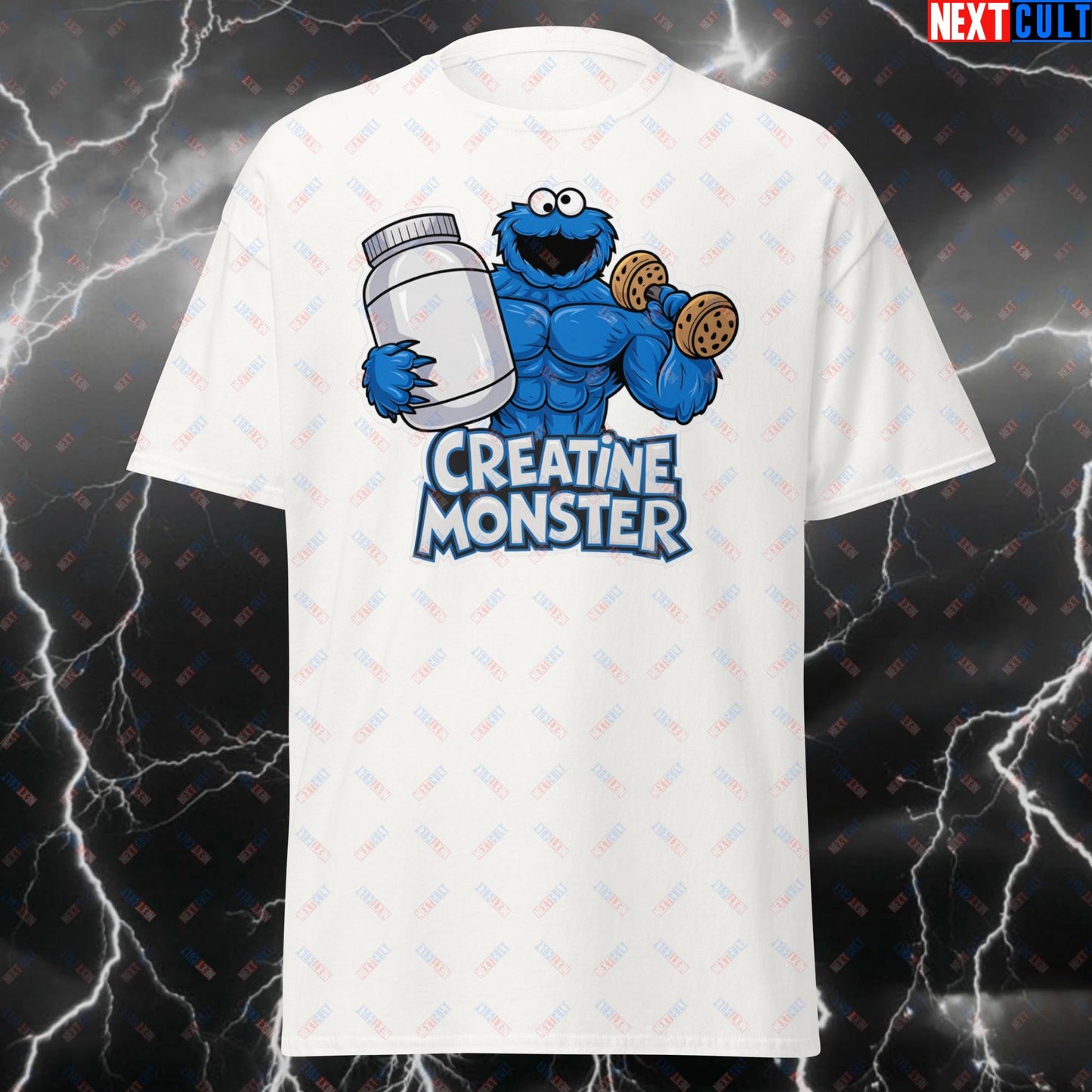 Creatine Monster T-Shirt - Funny Gym Bro Tee for Weightlifting, Bodybuilding & Fitness Gains - Meme Workout Shirt White T-shirts Bodybuilding Cookie Monster Fitness Gym Pump Cover TV Workout Next Cult Brand