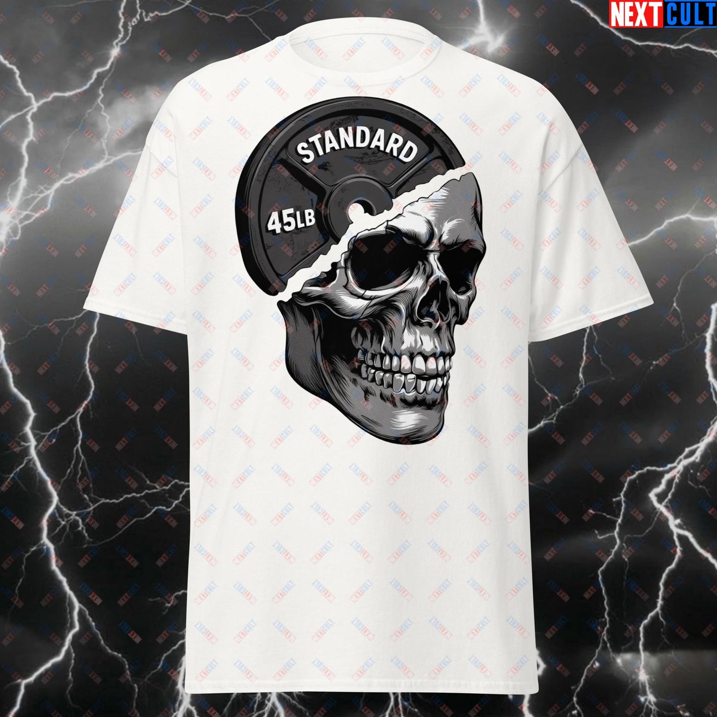 Gymhead Skull Plate T-Shirt - Funny Powerlifting Gym Tee for Lifters, Workout Meme Shirt for Gym Bros & Fitness Gains White T-shirts Bodybuilding Fitness Gym Halloween Powerlifting Pump Cover Workout Next Cult Brand