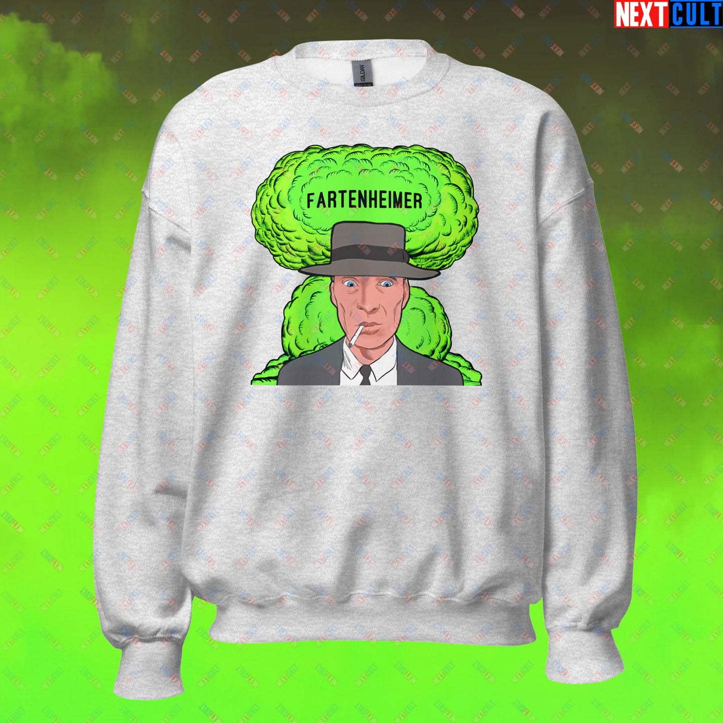 Fartenheimer Sweatshirt - Funny Fart Meme Jumper Inspired by Oppenheimer & Nuclear Explosions - Toilet Humor Pullover Featuring Cillian Murphy Parody - Perfect Gift for Meme Lovers Unisex Sweatshirt Ash Sweatshirts Cillian Murphy Movies Oppenheimer Next Cult Brand