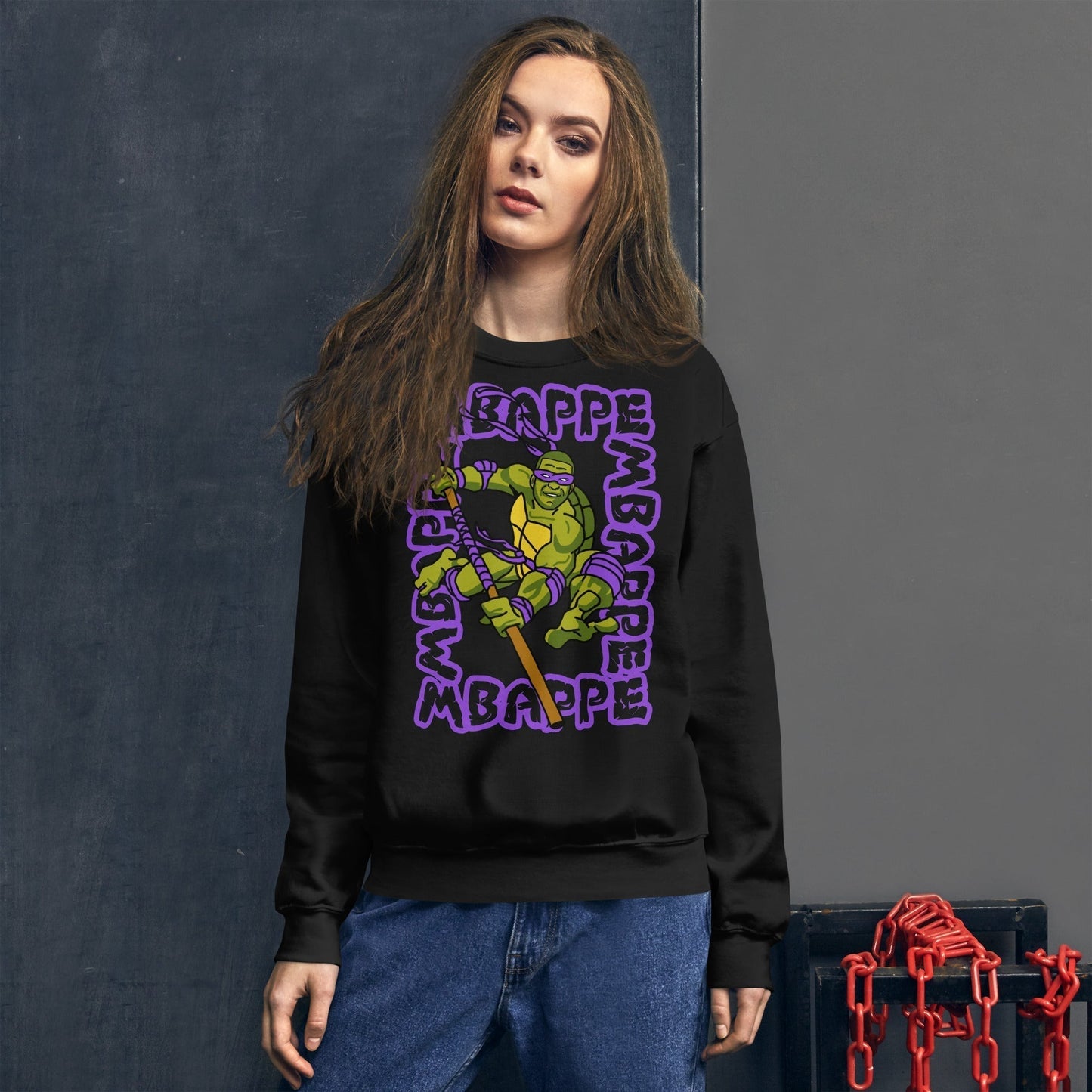 Kylian Mbappe Purple Ninja Turtle Donatello Unisex Sweatshirt Black Sweatshirts Football Kylian Mbappe Ninja Turtles PSG Real Madrid Next Cult Brand