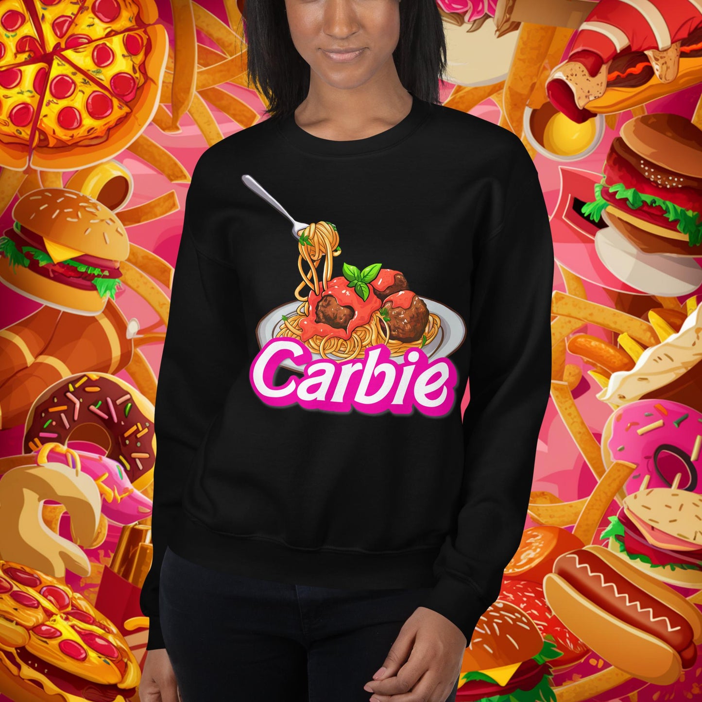 Carbie Barbie I Love Pasta I Love Carbs Unisex Sweatshirt Black Sweatshirts Barbie Carbie Ken Movies Next Cult Brand