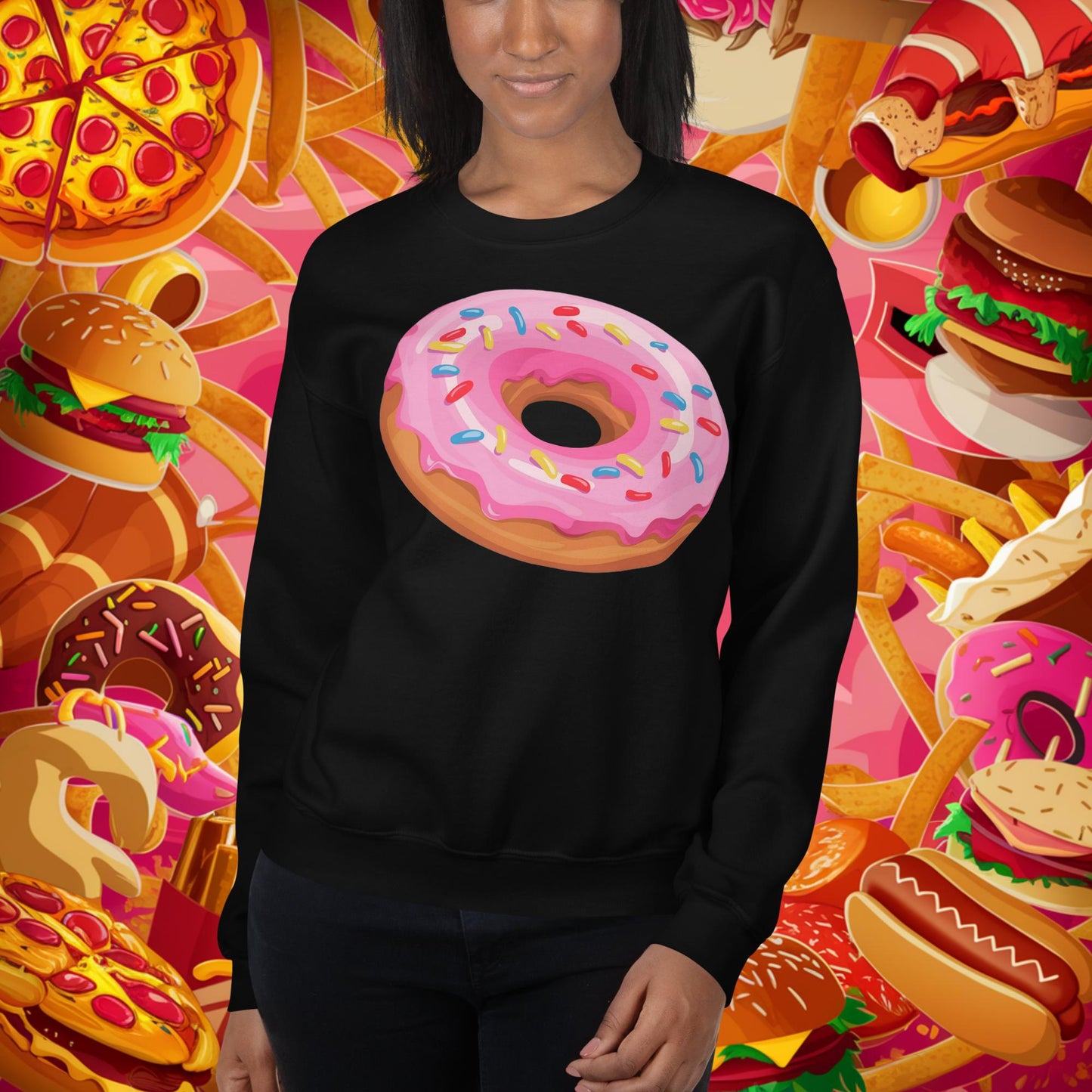 Pink Donut with sprinkles Unisex Sweatshirt Black Sweatshirts Donuts Fast Food Next Cult Brand
