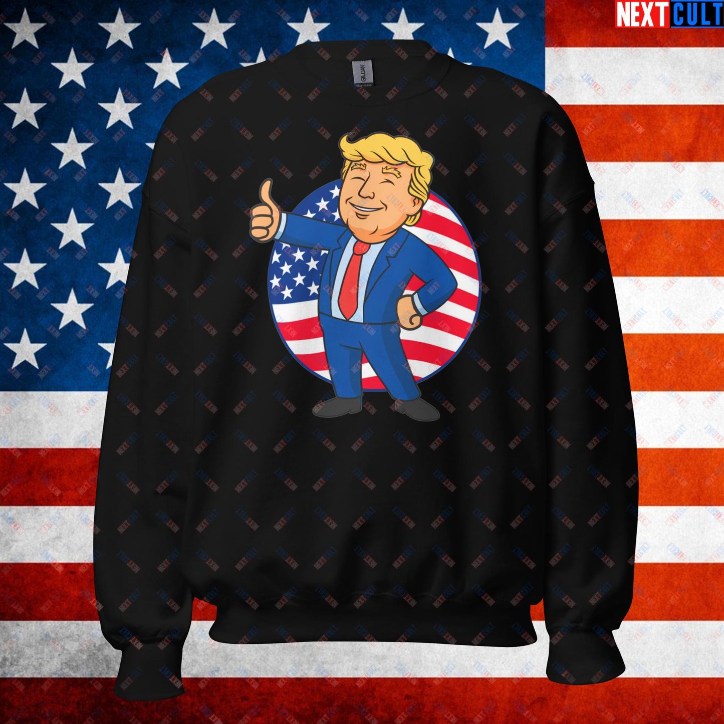 President Boy Donald Trump Politics Vault Boy Fallout Funny Meme Cartoon Mashup Unisex Sweatshirt Black Sweatshirts Donald Trump Fallout Politics Republicans Vault Boy Next Cult Brand