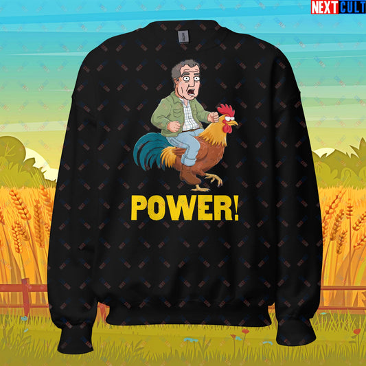 Power Rooster Chicken Farming Jeremy Clarkson's Farm Diddly Squat Grand Tour Top Gear Funny Meme Cartoon Unisex Sweatshirt Black Sweatshirts Clarkson's Farm Grand Tour Jeremy Clarkson Top Gear TV Shows Next Cult Brand