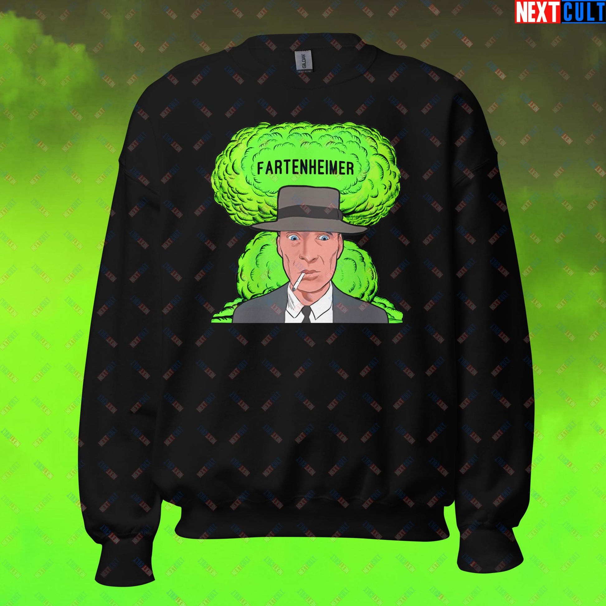Fartenheimer Sweatshirt - Funny Fart Meme Jumper Inspired by Oppenheimer & Nuclear Explosions - Toilet Humor Pullover Featuring Cillian Murphy Parody - Perfect Gift for Meme Lovers Unisex Sweatshirt Black Sweatshirts Cillian Murphy Movies Oppenheimer Next Cult Brand