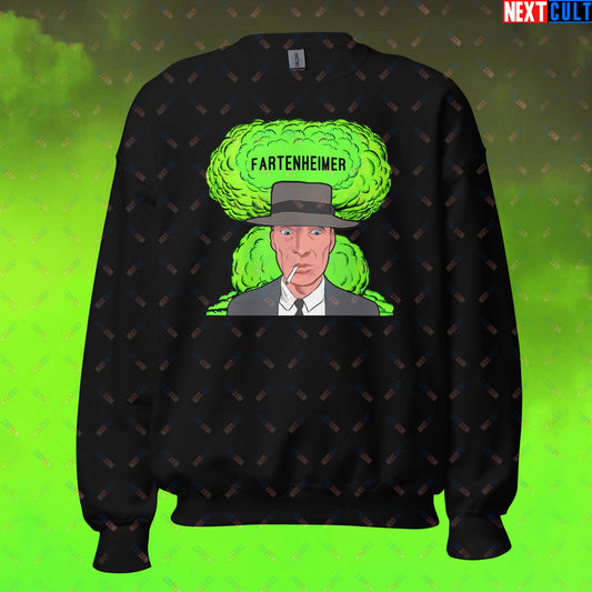 Fartenheimer Sweatshirt - Funny Fart Meme Jumper Inspired by Oppenheimer & Nuclear Explosions - Toilet Humor Pullover Featuring Cillian Murphy Parody - Perfect Gift for Meme Lovers Unisex Sweatshirt Black Sweatshirts Cillian Murphy Movies Oppenheimer Next Cult Brand