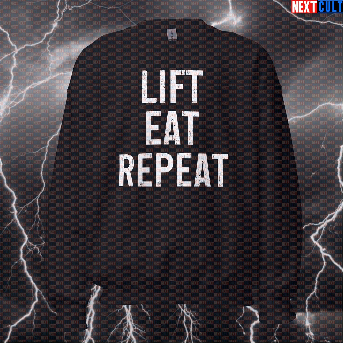 Lift Eat Repeat Funny Gym Sweatshirt | Workout Sweater For Bodybuilding & Fitness Meme Fans | Crewneck Pullover Sweatshirts Bodybuilding Fast Food Fitness Gym Powerlifting Pump Cover Workout Next Cult Brand
