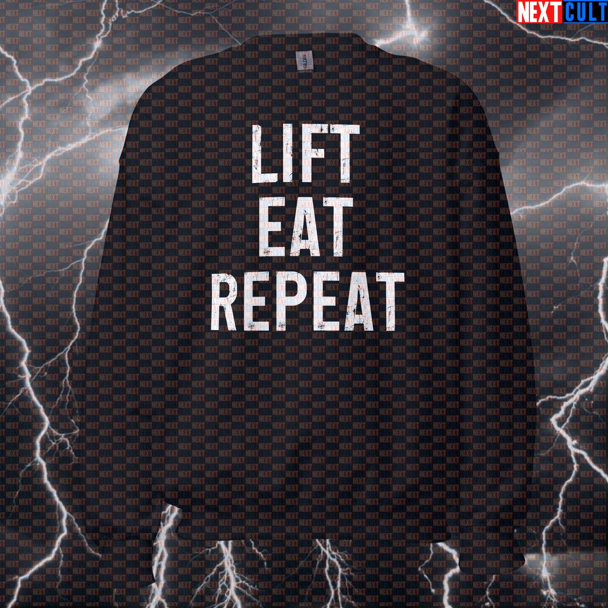 Lift Eat Repeat Funny Gym Sweatshirt | Workout Sweater For Bodybuilding & Fitness Meme Fans | Crewneck Pullover Sweatshirts Bodybuilding Fast Food Fitness Gym Powerlifting Pump Cover Workout Next Cult Brand