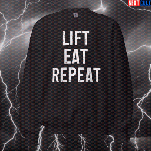 Lift Eat Repeat Funny Gym Sweatshirt | Workout Sweater For Bodybuilding & Fitness Meme Fans | Crewneck Pullover Sweatshirts Bodybuilding Fast Food Fitness Gym Powerlifting Pump Cover Workout Next Cult Brand