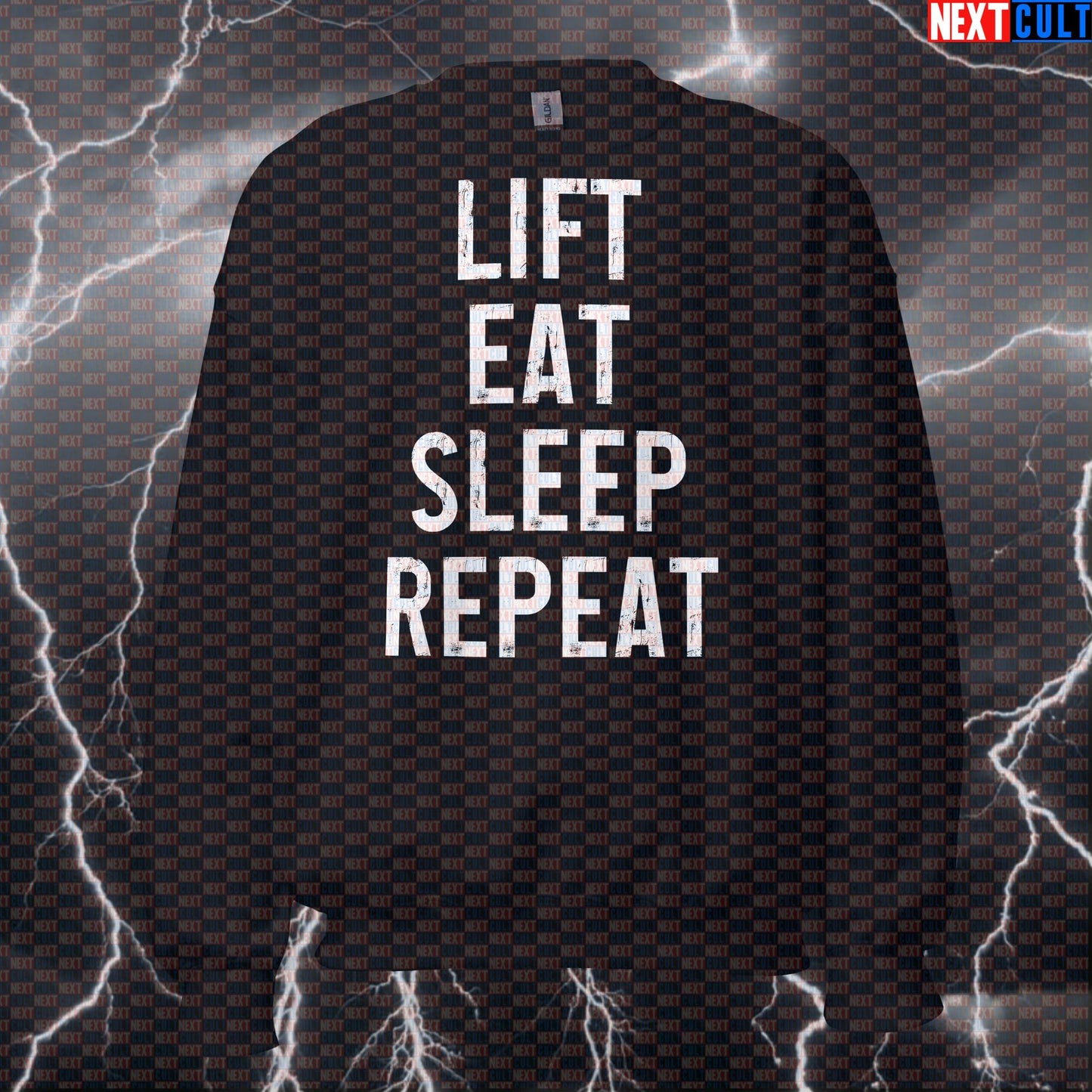 Lift Eat Sleep Repeat Sweatshirt | Funny Gym Meme Sweater For Workout Fitness & Bodybuilding | Crewneck Pullover Sweatshirts Bodybuilding Fast Food Fitness Gym Powerlifting Pump Cover Workout Next Cult Brand