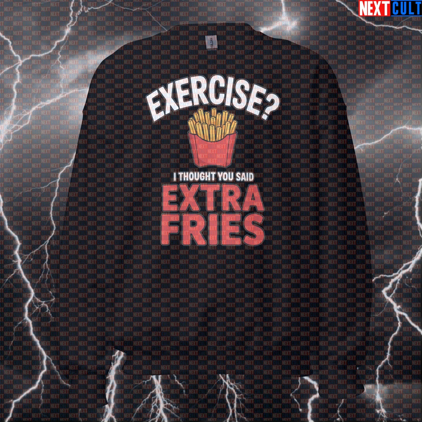 Funny Extra Fries Gym Sweatshirt | Exercise Mishearings Workout Sweater | Fitness Meme Pullover Top Sweatshirts Bodybuilding Bulking Fast Food Fitness Gym Pump Cover Workout Next Cult Brand