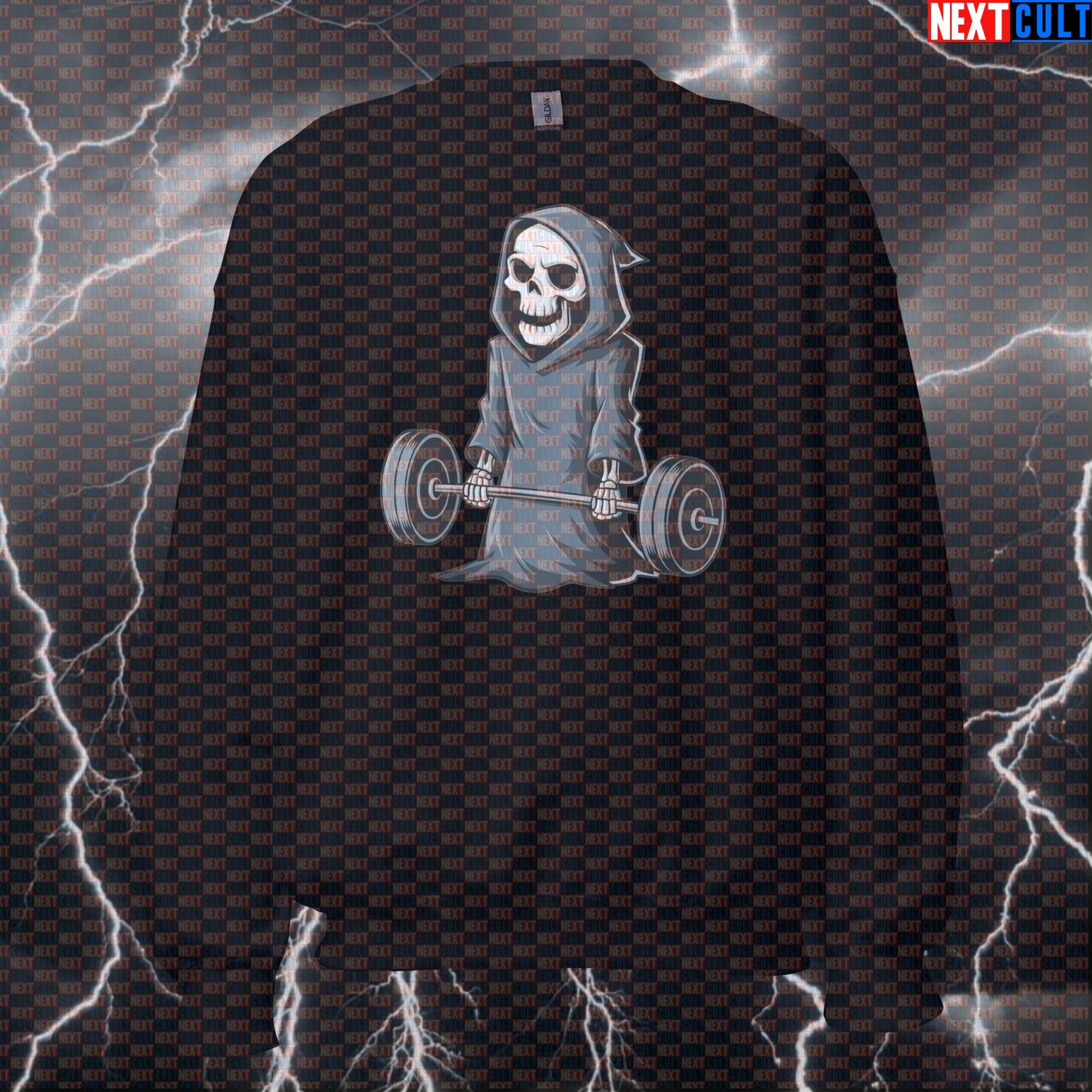 Deadlift Lovers Grim Reaper Gym Sweatshirt | Funny Workout Sweater For Powerlifters & Leg Day Fans Sweatshirts Bodybuilding Fitness Gym Halloween Leg Day Powerlifting Pump Cover Workout Next Cult Brand