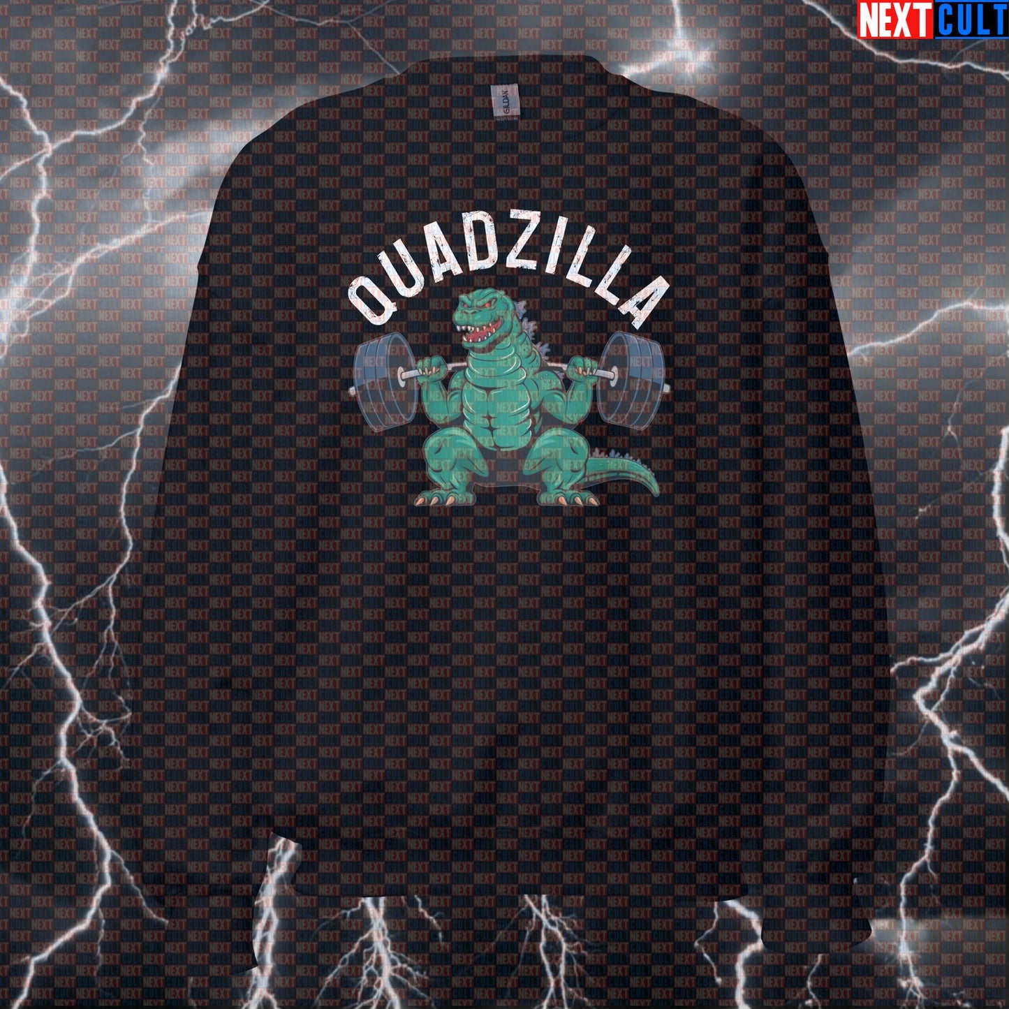 Quadzilla Funny Gym Sweatshirt | Massive Quads Workout Sweater For Leg Day | Squatting Meme Crewneck Bodybuilding Fitness Gym Leg Day Powerlifting Pump Cover Workout Next Cult Brand