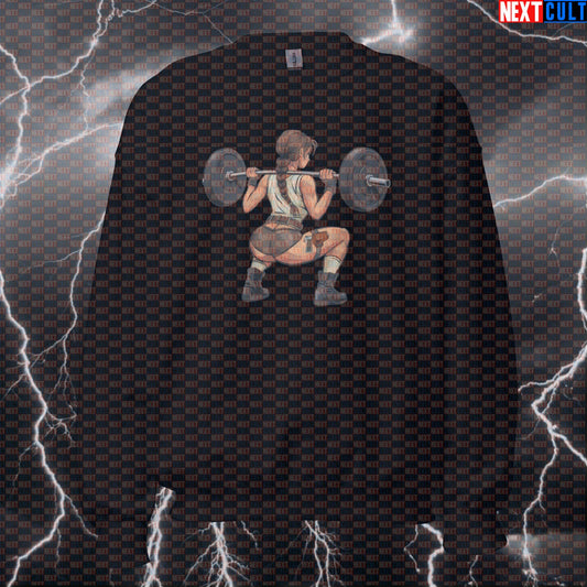Funny Adventure Girl Gym Sweatshirt | Booty Builder Leg Day Meme Sweater | Squats Workout Pullover Top Bodybuilding Films Fitness Gym Lara Croft Leg Day Powerlifting Pump Cover Video Games Workout Next Cult Brand