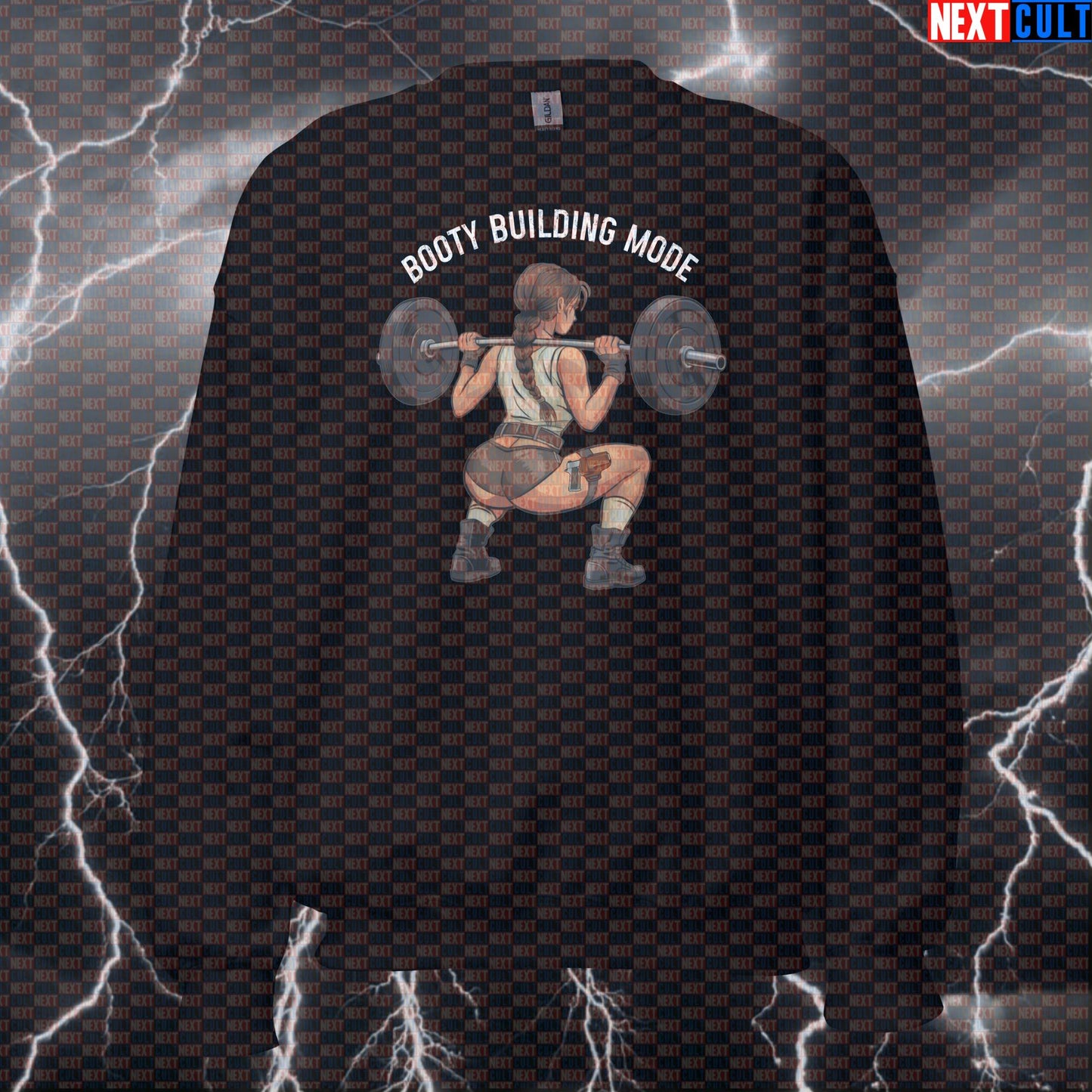 Booty Building Mode Funny Gym Sweatshirt | Workout Sweater For Squat Day & Fitness Meme Fans | Crewneck Pullover Bodybuilding Films Fitness Gym Lara Croft Leg Day Powerlifting Pump Cover Video Games Workout Next Cult Brand