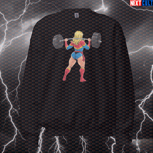 Funny Booty Builder Gym Sweatshirt | Captain Marvel Workout Sweater For Leg Day & Squats | Fitness Meme Pullover Sweatshirts Avengers Bodybuilding Captain Marvel Films Fitness Gym Leg Day Powerlifting Pump Cover Superheroes Workout Next Cult Brand