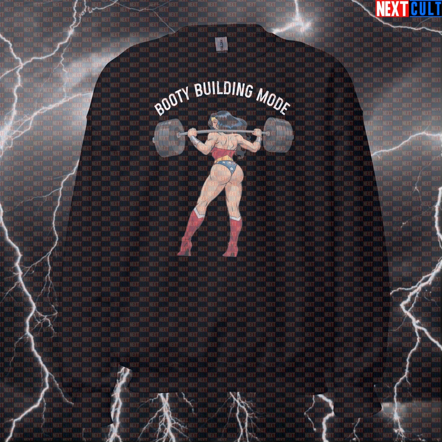 Booty Building Mode Wonder Lifter Gym Sweatshirt | Funny Workout Sweater For Gym Girls | Fitness Meme Pullover Bodybuilding Films Fitness Gym Justice League Leg Day Powerlifting Pump Cover Superheroes Wonder Woman Workout Next Cult Brand