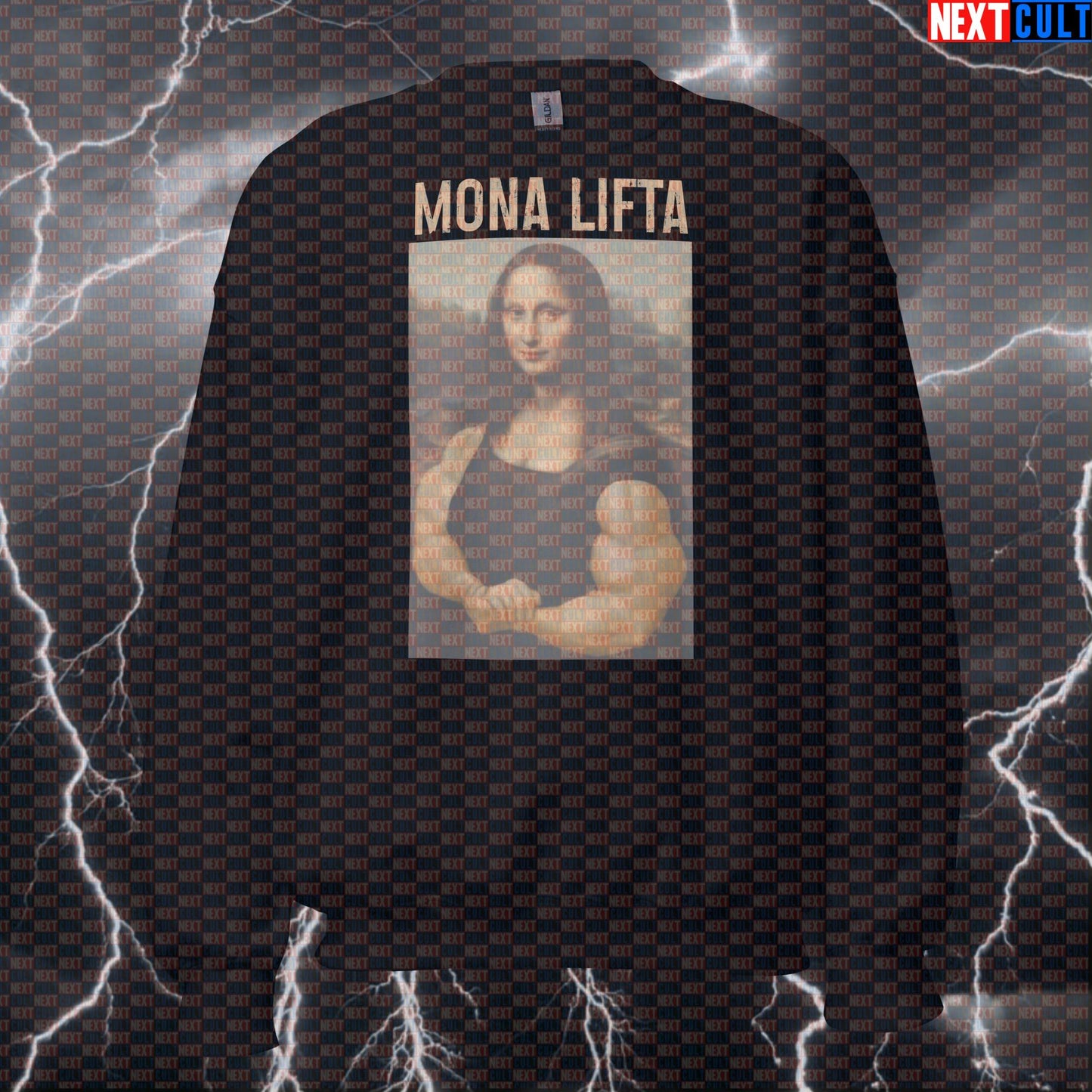 Funny Mona Lifta Gym Sweatshirt | Mona Lisa Workout Meme Sweater | Artistic Fitness Meme Pullover Top Sweatshirts Art Bodybuilding Fitness Gym Mona Lisa Pump Cover Workout Next Cult Brand