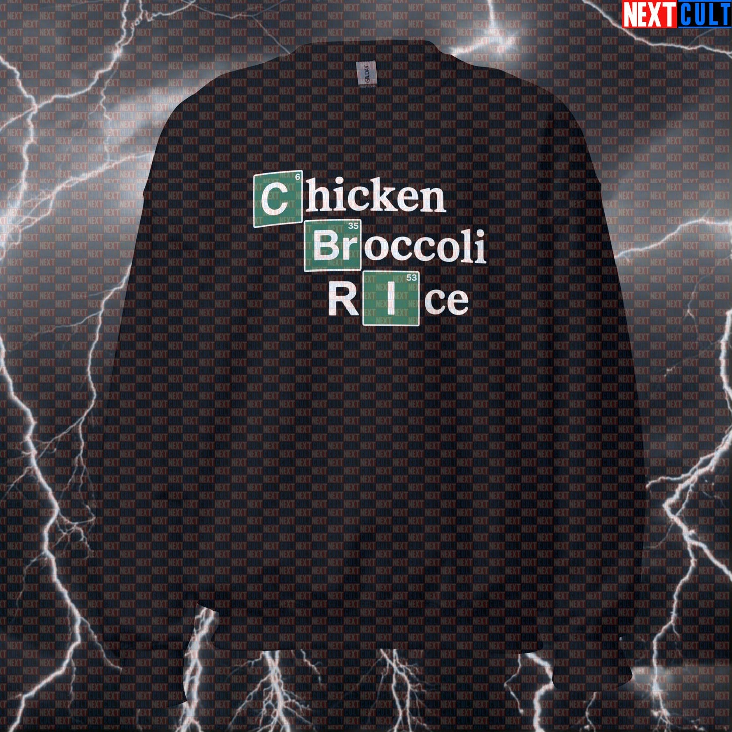 Funny Chicken Broccoli Rice Gym Sweatshirt | Breaking Bad Meme Workout Sweater For Lifters & Gym Bros Bodybuilding Breaking Bad Fast Food Fitness Gym Pump Cover TV Workout Next Cult Brand