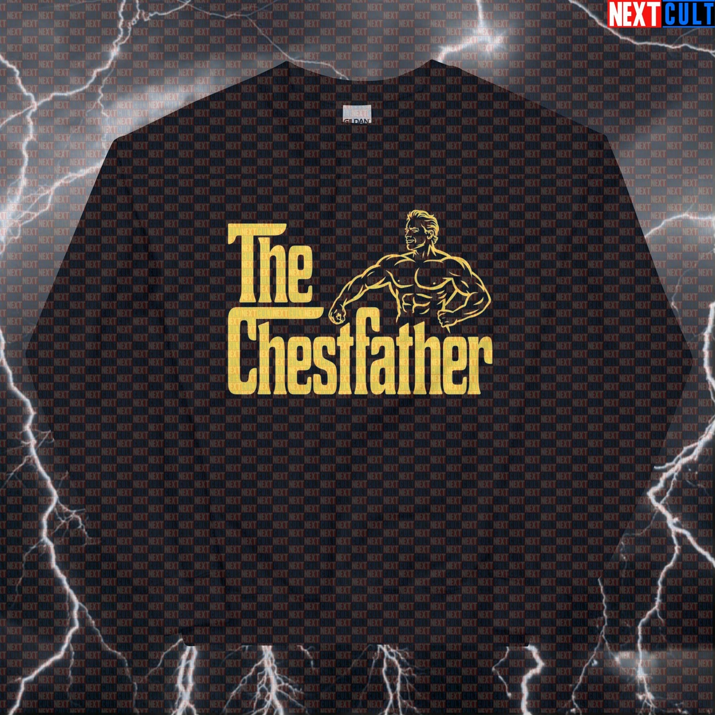 The Chestfather Funny Gym Sweatshirt | Arnold Bodybuilding Meme Sweater | Big Chest Pump Cover Pullover Arnold Schwarzenegger Bodybuilding Films Fitness Gym Pump Cover The Godfather Workout Next Cult Brand