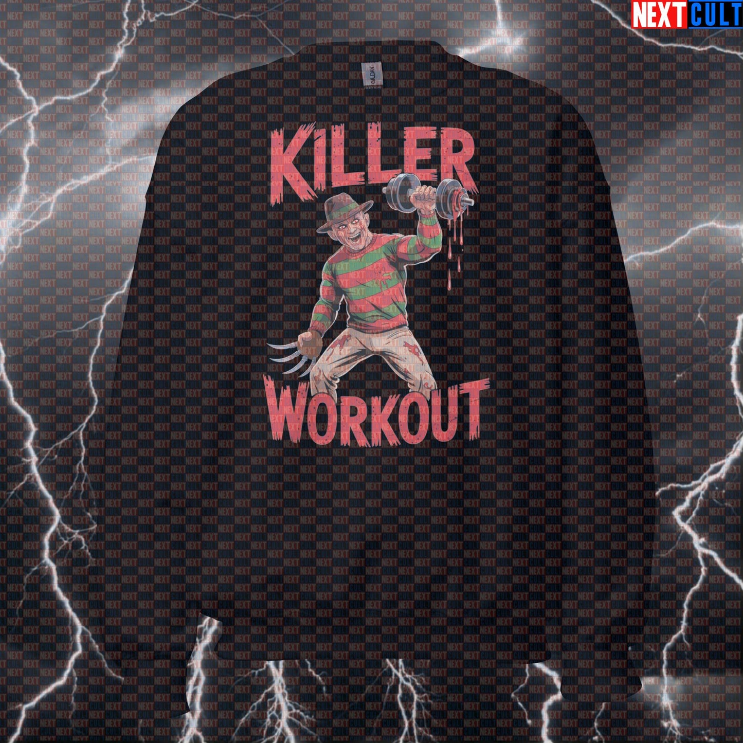 Killer Workout Horror Gym Sweatshirt | Scary Fitness Meme Pullover | Freddy Krueger Inspired Workout Sweater Bodybuilding Films Fitness Gym Halloween Pump Cover Workout Next Cult Brand