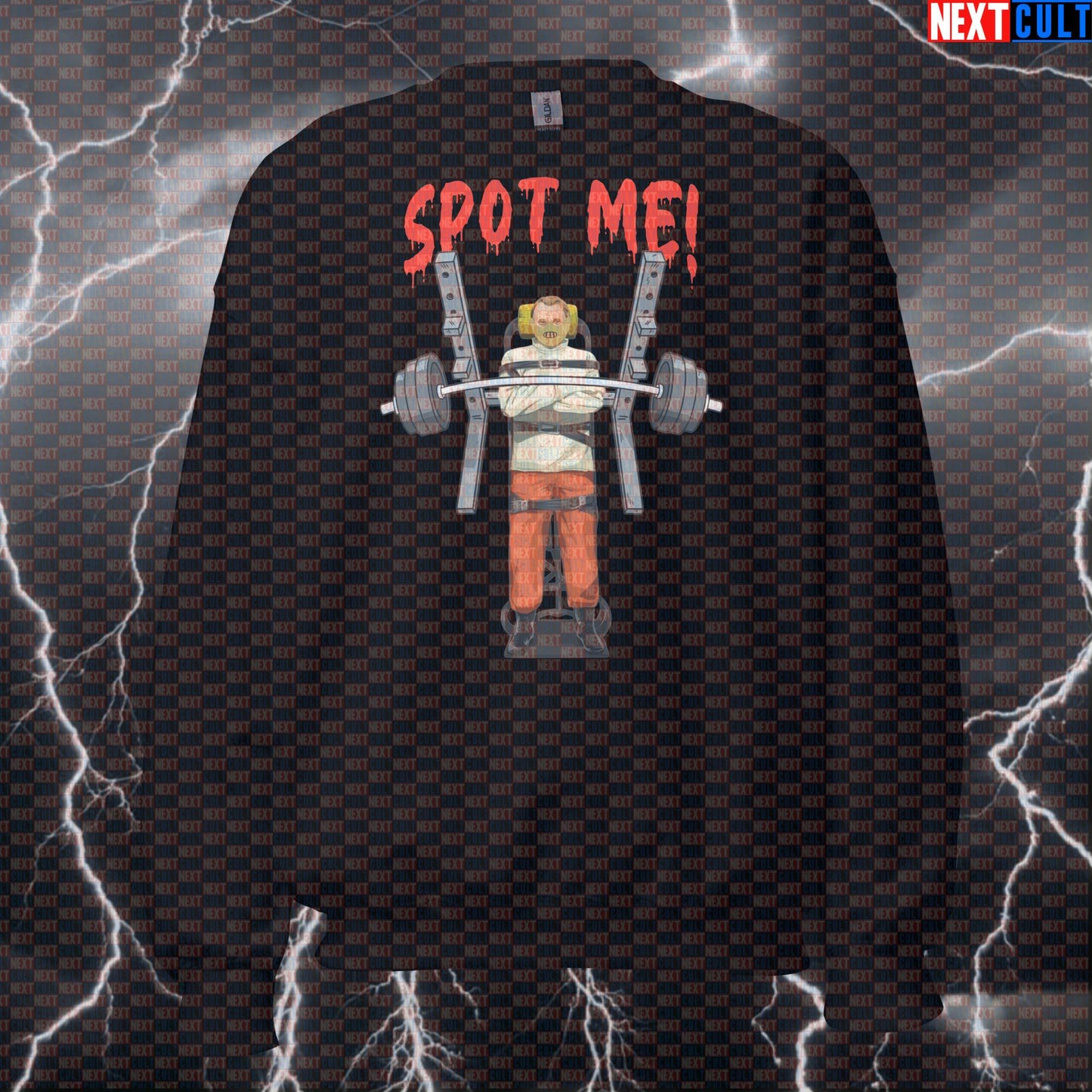 Funny Spot Me Horror Gym Sweatshirt | Scary Gym Meme Pullover For Lifters | Hannibal Lecter Workout Sweater Bodybuilding Films Fitness Gym Halloween Powerlifting Pump Cover Workout Next Cult Brand