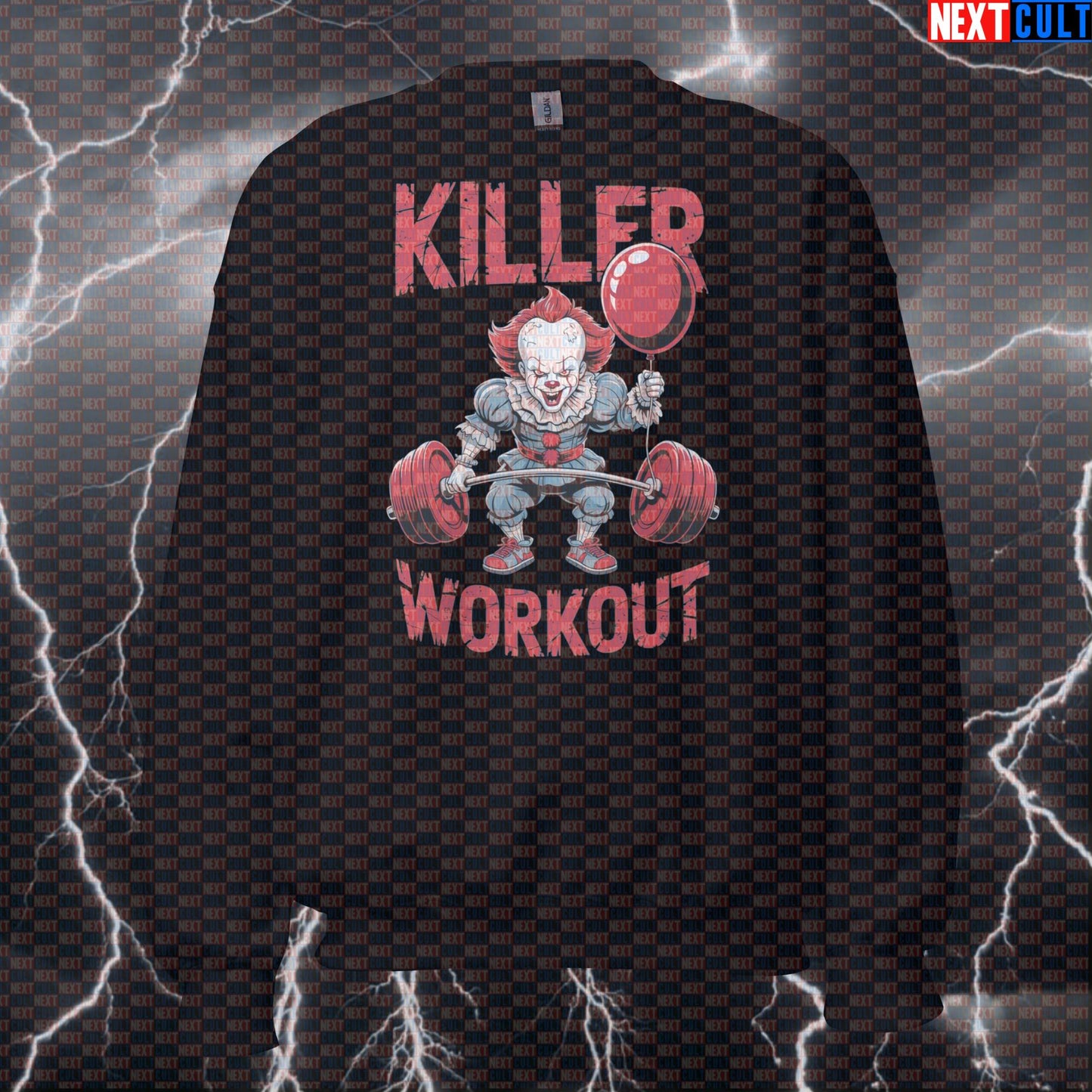 Killer Workout Horror Clown Gym Sweatshirt | Scary Funny Workout Sweater For Lifters & Halloween Films Fitness Gym Halloween Powerlifting Pump Cover Workout Next Cult Brand